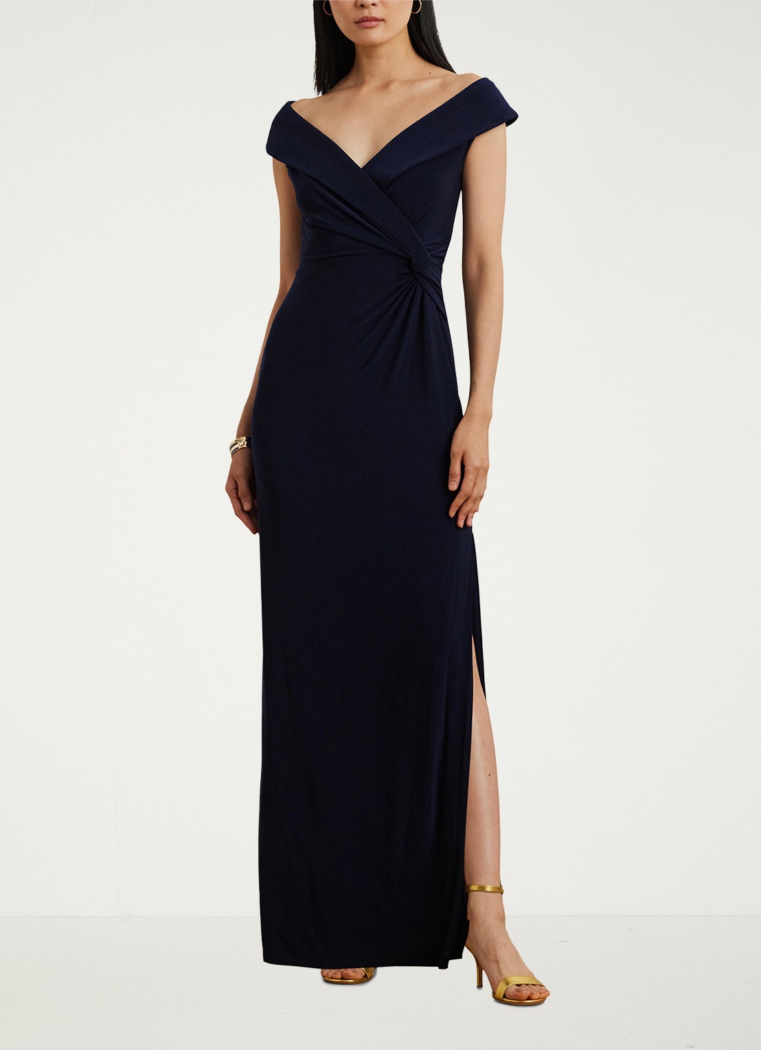 Ralph Lauren Maxi avondjurk met sjaalkraag en geknoopt detail - voorkant 5 lighthouse navy / donkerblauw