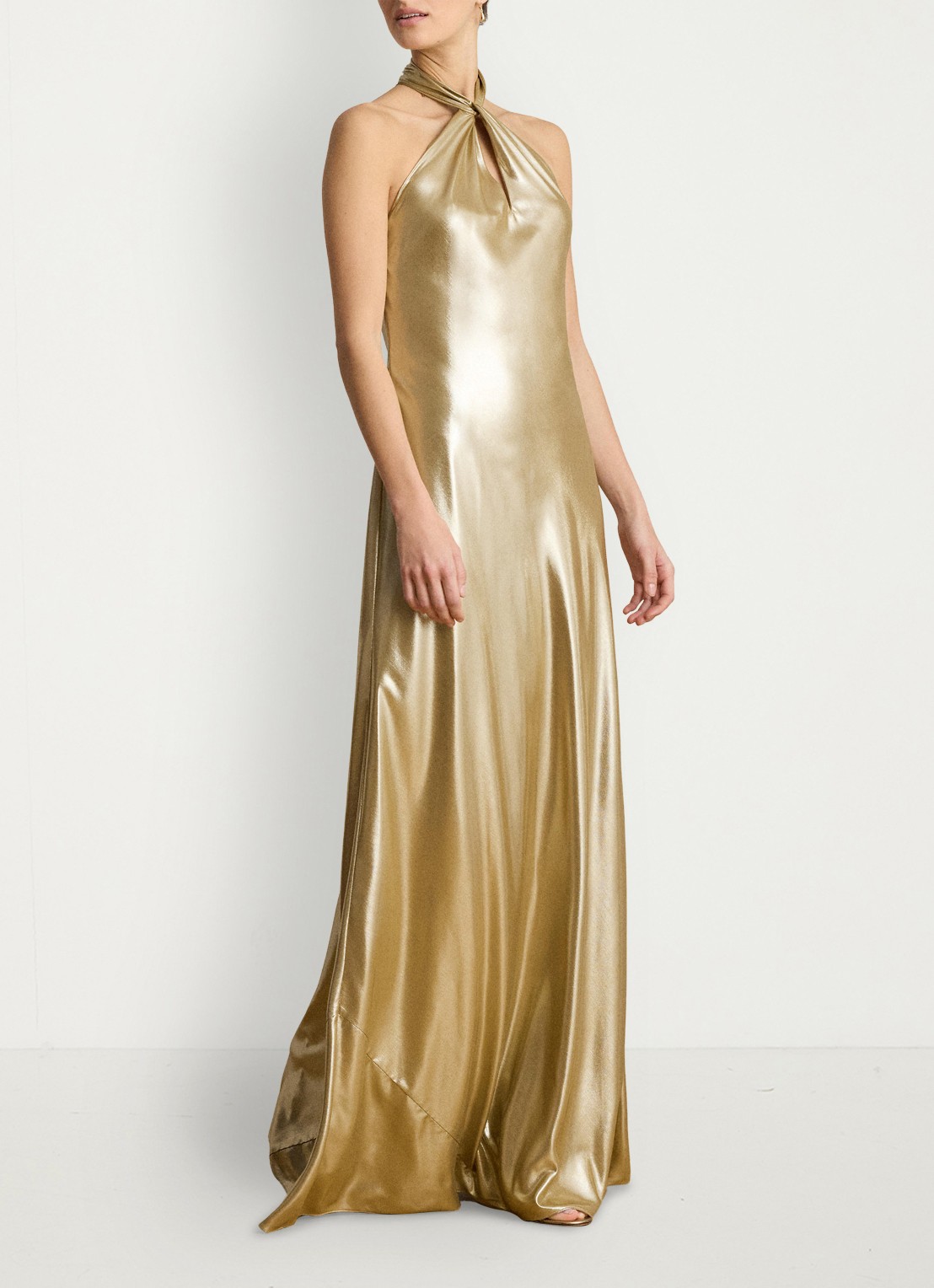 Ralph Lauren Maxi halterjurk met metallic finish - voorkant 5 tan/light gold foil / goud