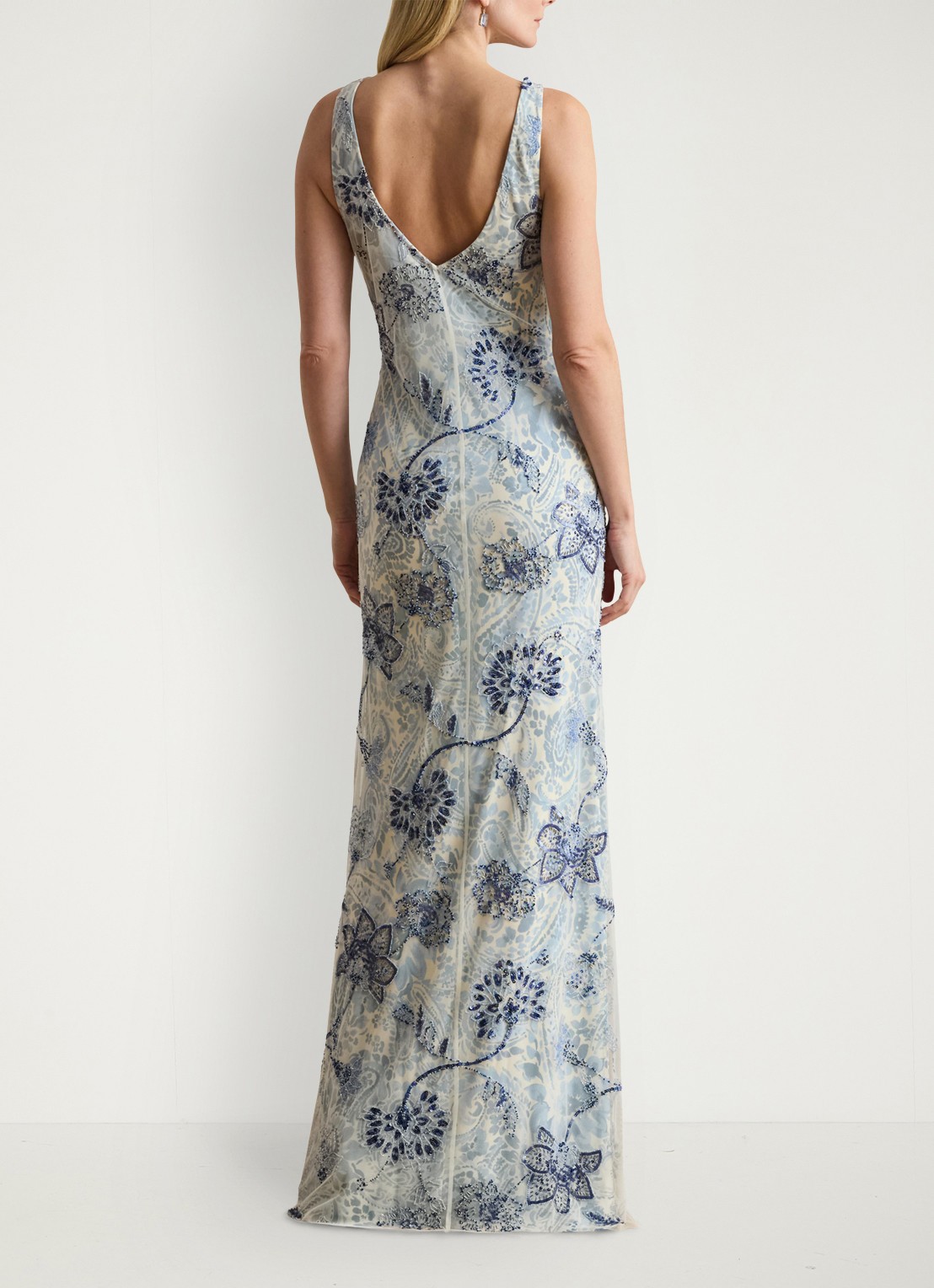Ralph Lauren Maxi jurk met bloemenprint en kralendecoratie - achterkant blue multi / blauw