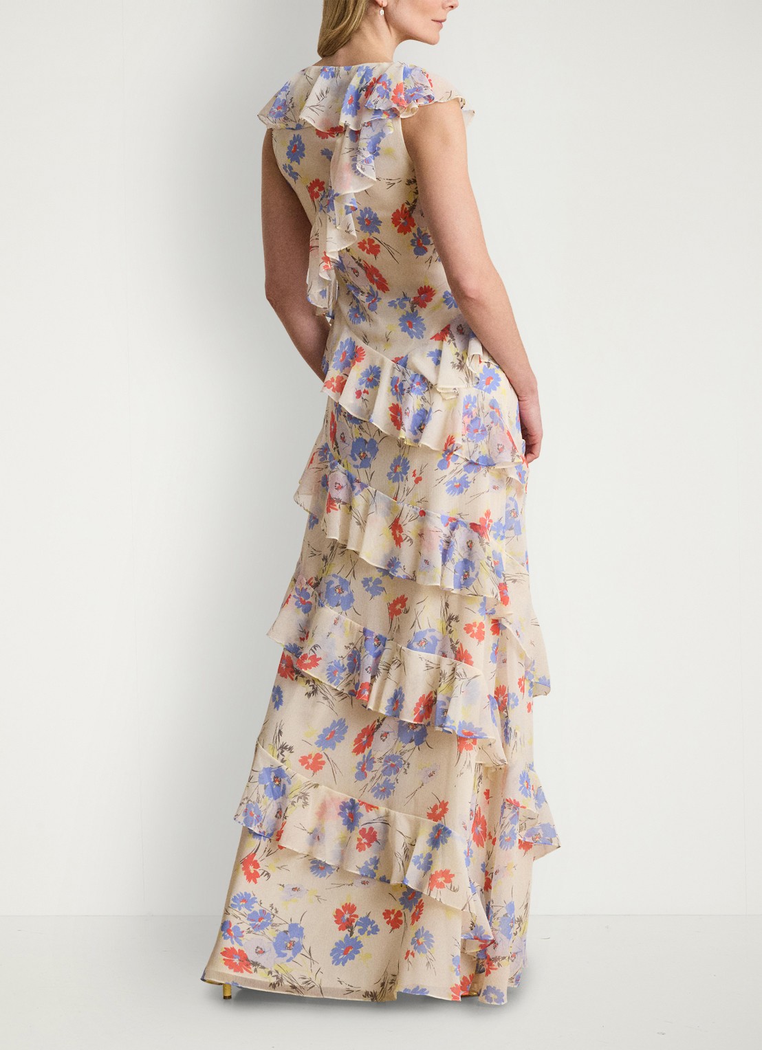 Ralph Lauren Maxi jurk met bloemenprint en ruches - achterkant 7 cream multi 2wmn / creme