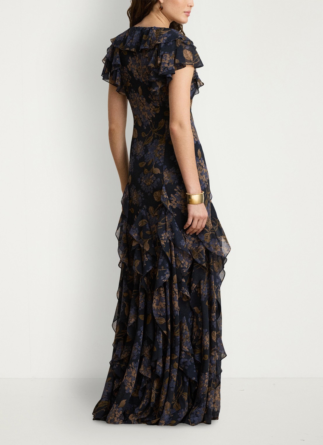 Ralph Lauren Maxi jurk met bloemenprint en ruches - achterkant navy multi / blauw