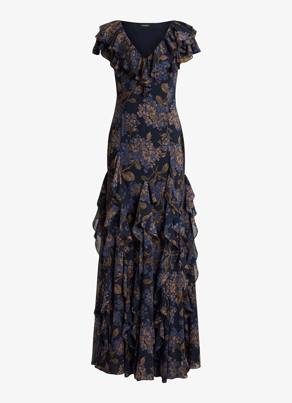 Ralph Lauren Maxi jurk met bloemenprint en ruches - voorkant 4 navy multi / blauw
