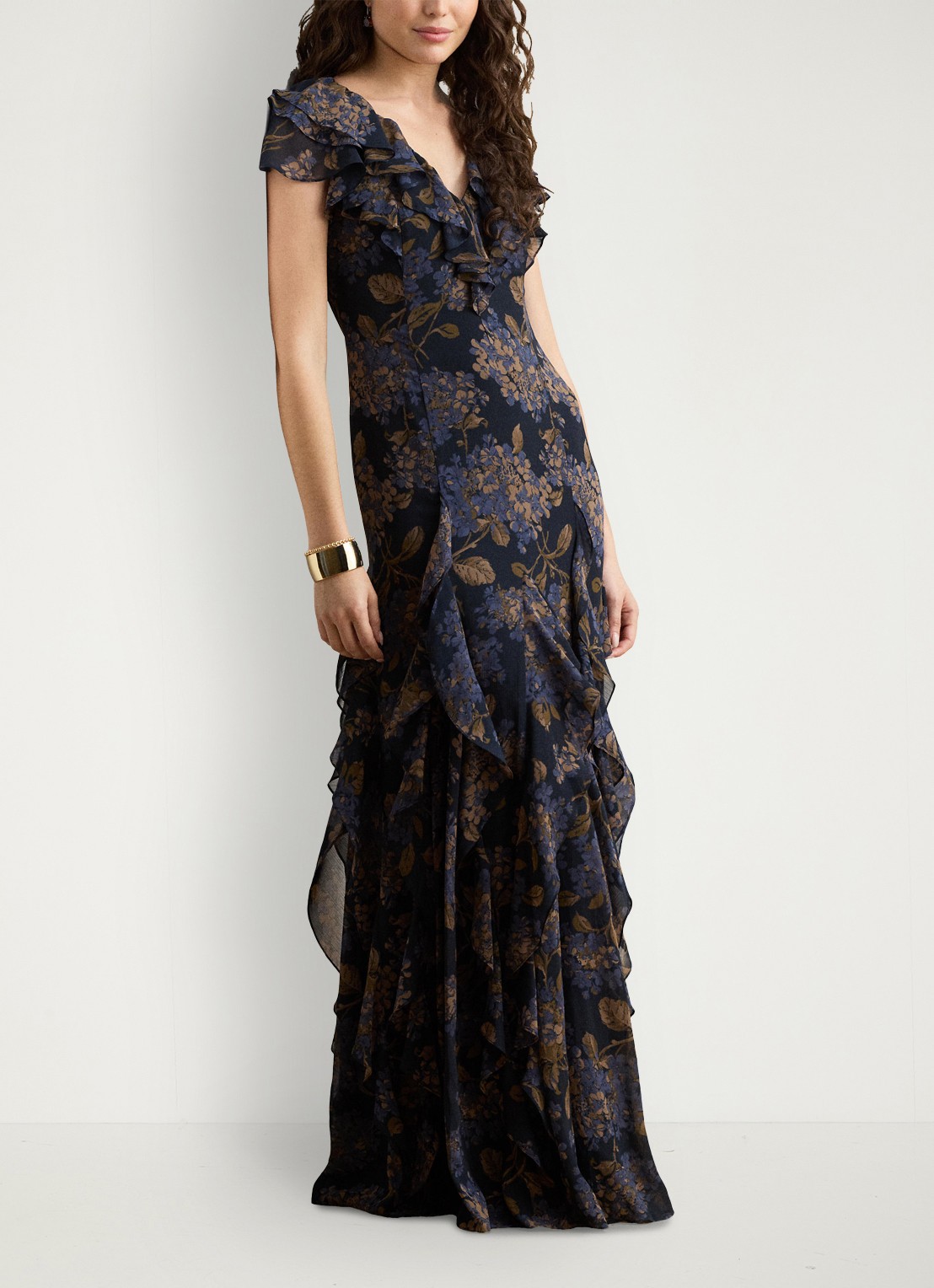 Ralph Lauren Maxi jurk met bloemenprint en ruches - voorkant 5 navy multi / blauw