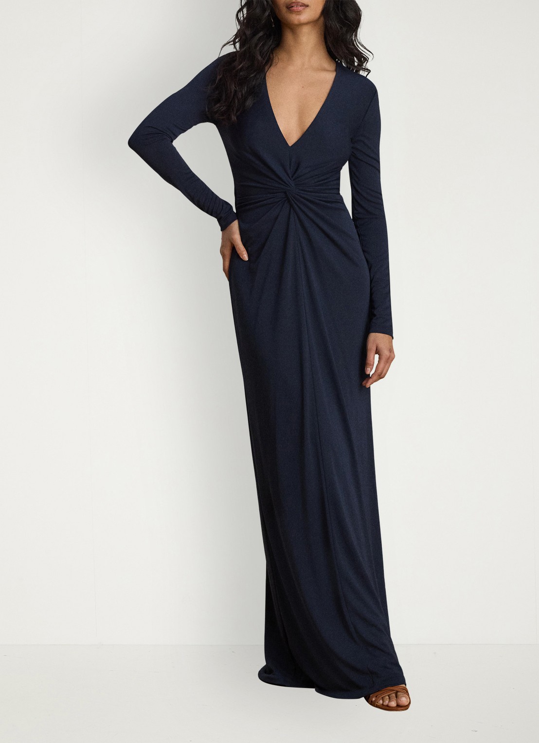 Ralph Lauren Maxi jurk met geknoopt detail - voorkant 5 donkerblauw