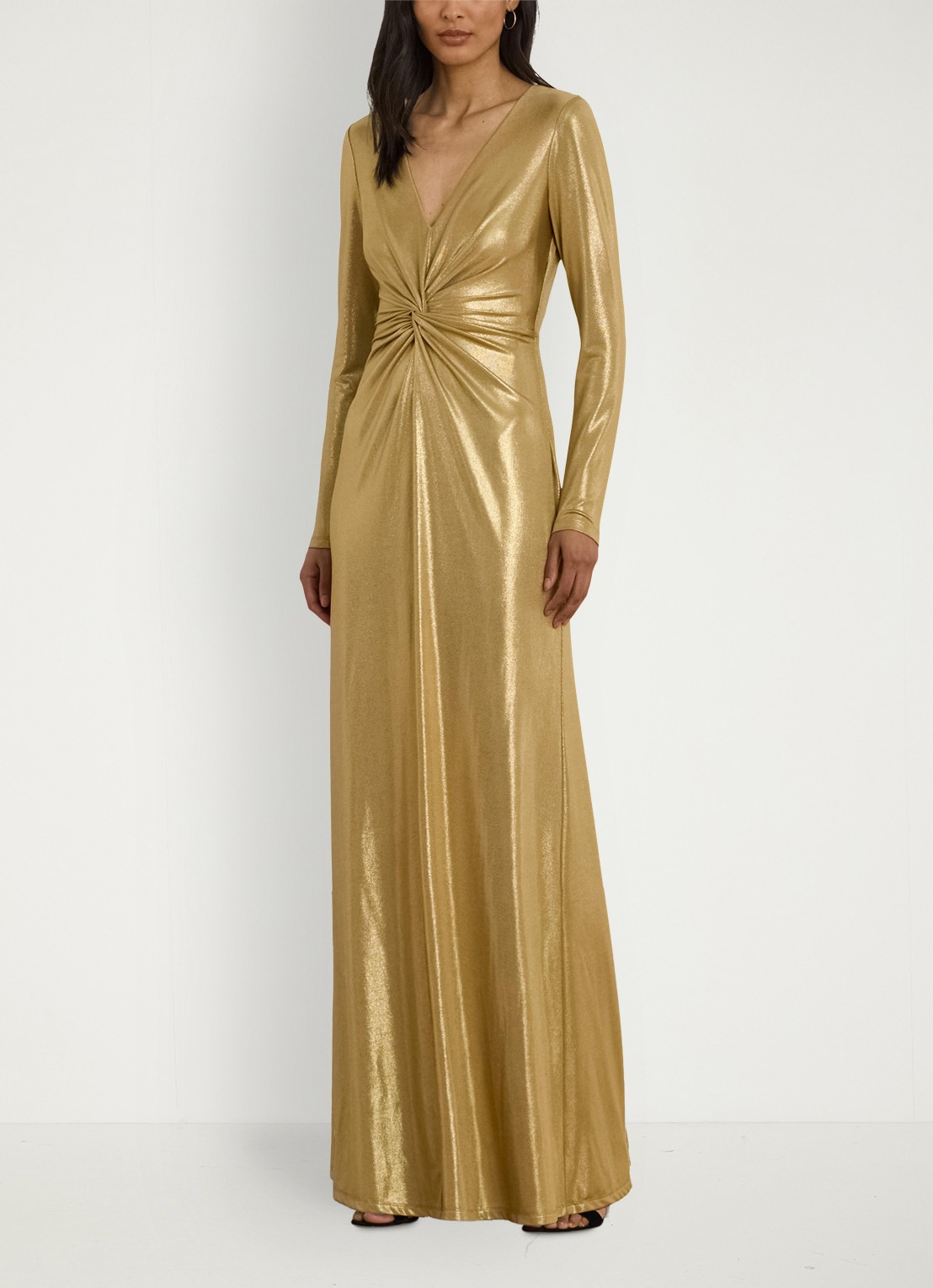 Ralph Lauren Maxi jurk met glitter en plooidetail - voorkant 2 relic gold / goud