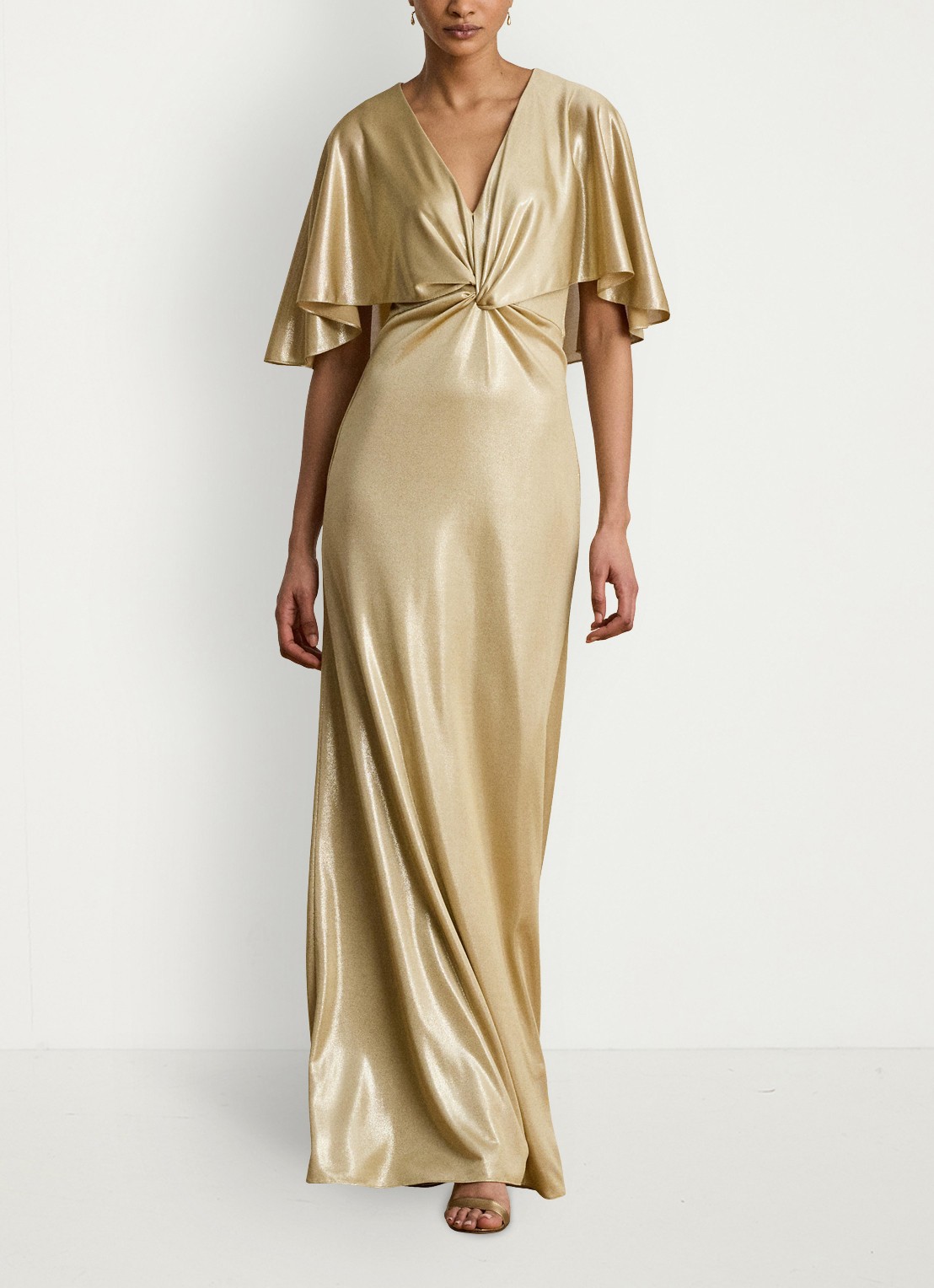 Ralph Lauren Maxi jurk met metallic finish en geknoopt detail - voorkant 3 birch tan/gold foil / beige