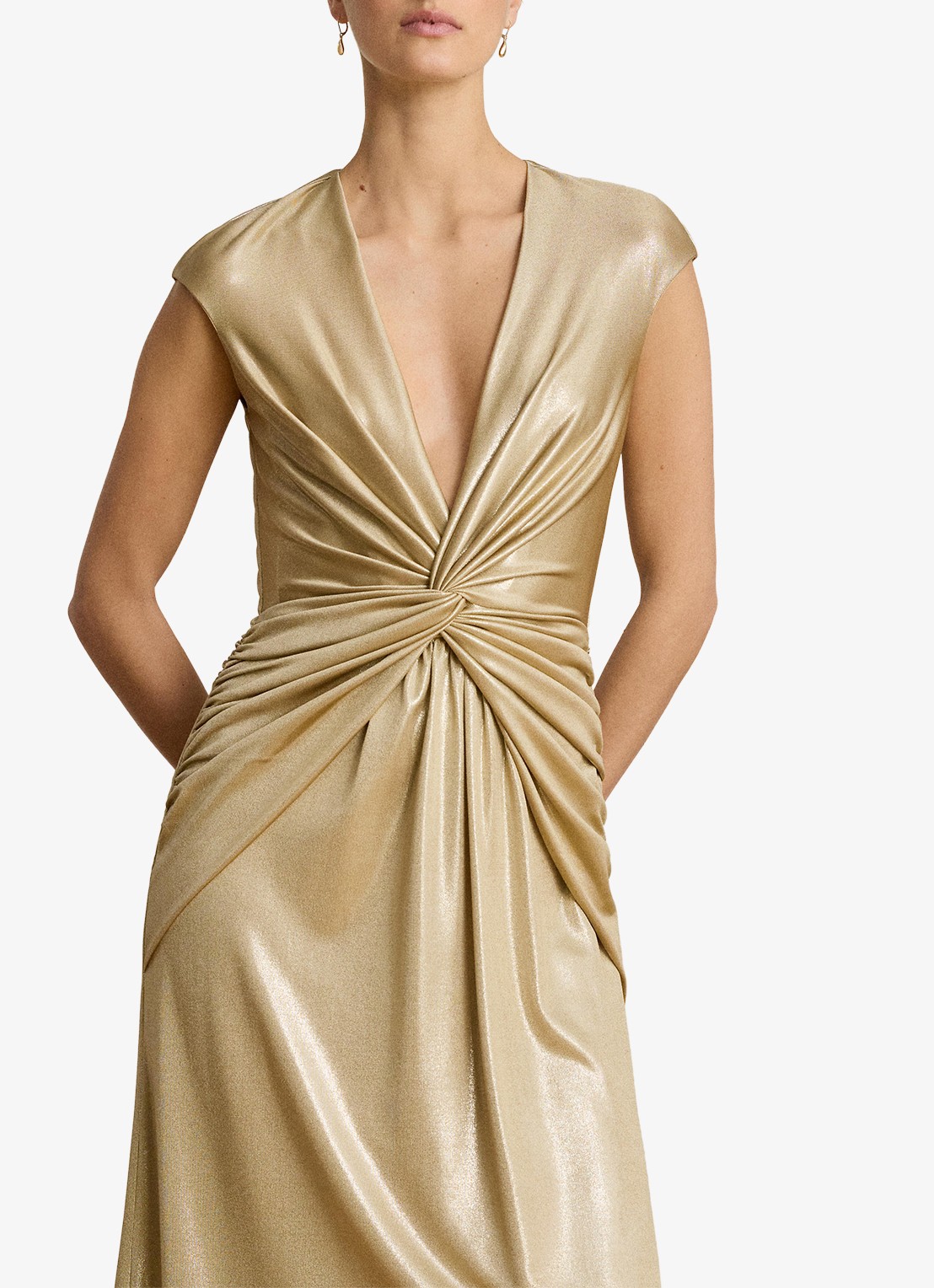 Ralph Lauren Maxi jurk met metallic finish en geknoopt detail - detail 3 birch tan/gold foil / goud