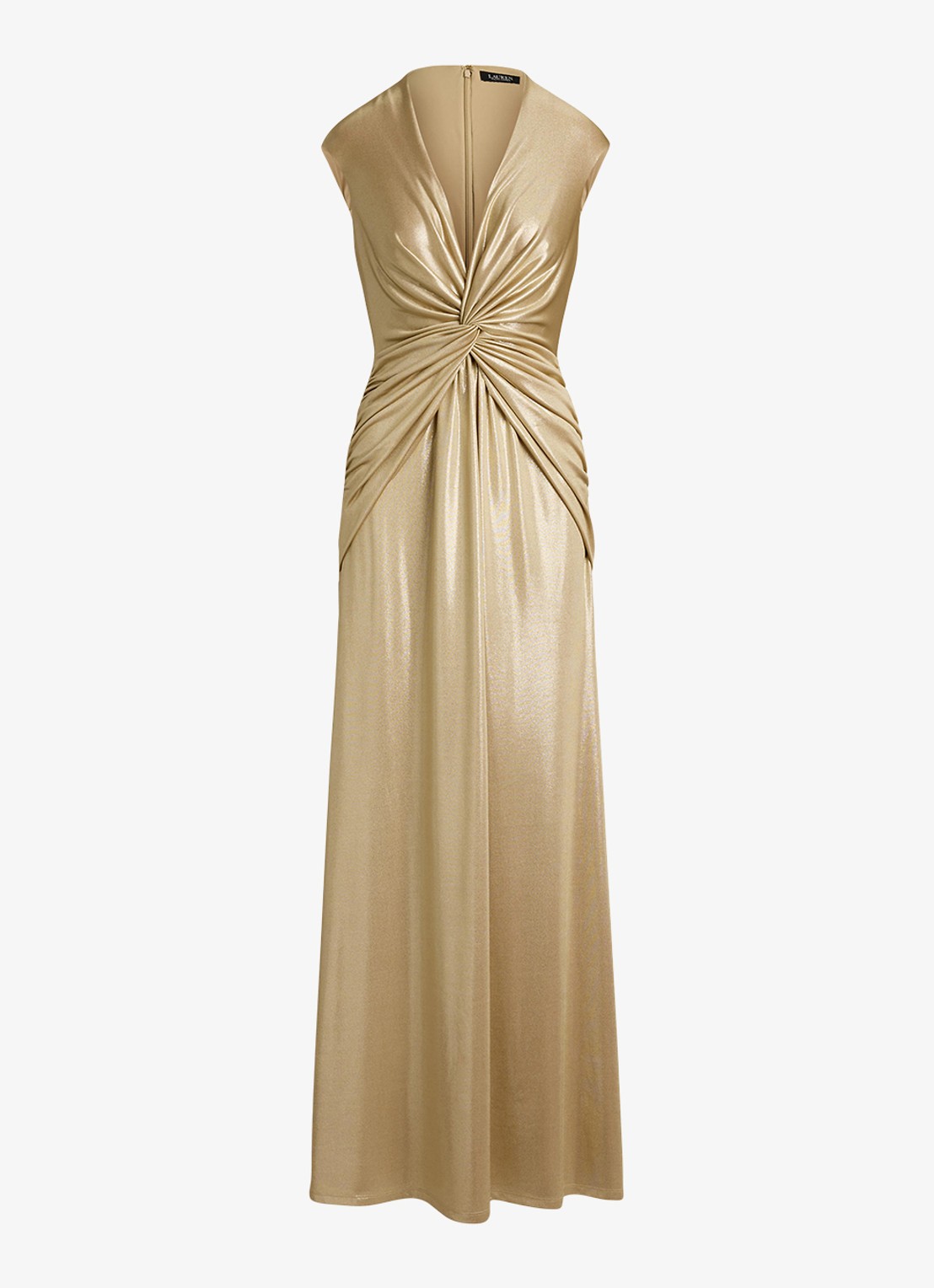 Ralph Lauren Maxi jurk met metallic finish en geknoopt detail - voorkant 4 birch tan/gold foil / goud