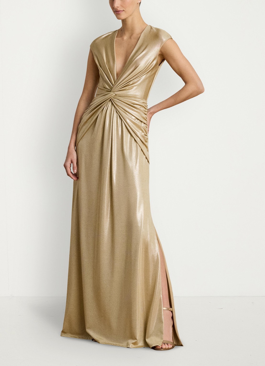 Ralph Lauren Maxi jurk met metallic finish en geknoopt detail - voorkant 5 birch tan/gold foil / goud