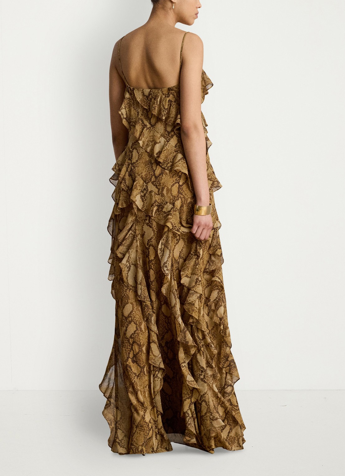 Ralph Lauren Maxi jurk met slangenprint en ruches - achterkant 5 tan multi / beige
