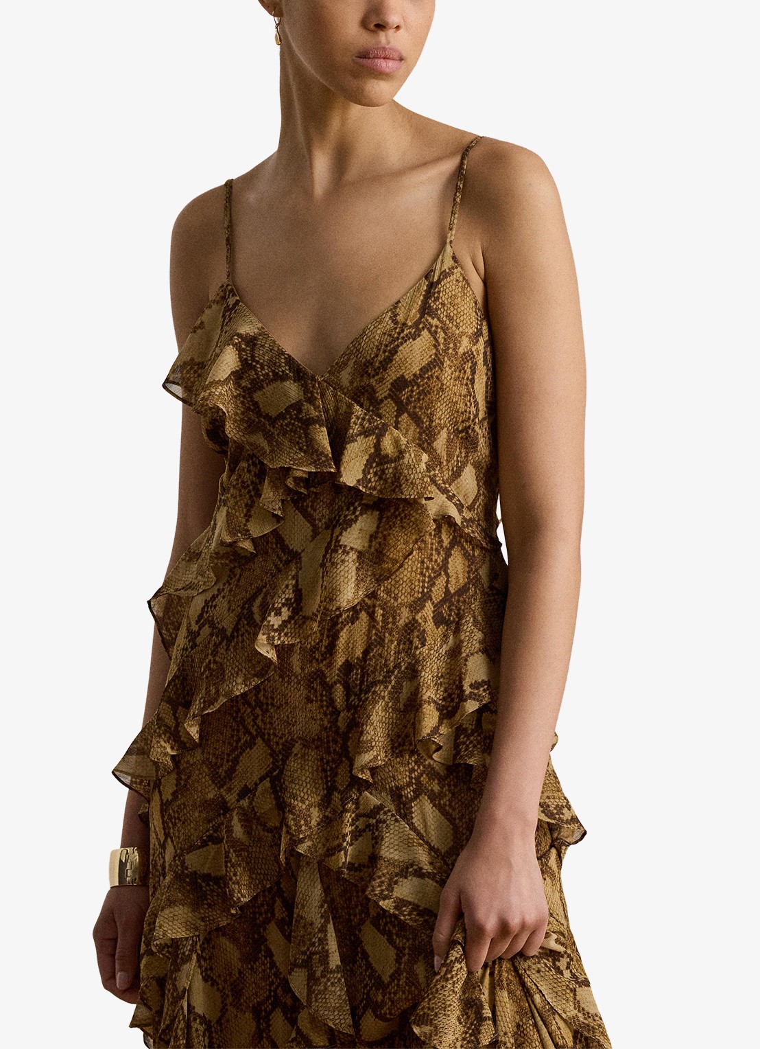 Ralph Lauren Maxi jurk met slangenprint en ruches - detail 4 tan multi / beige