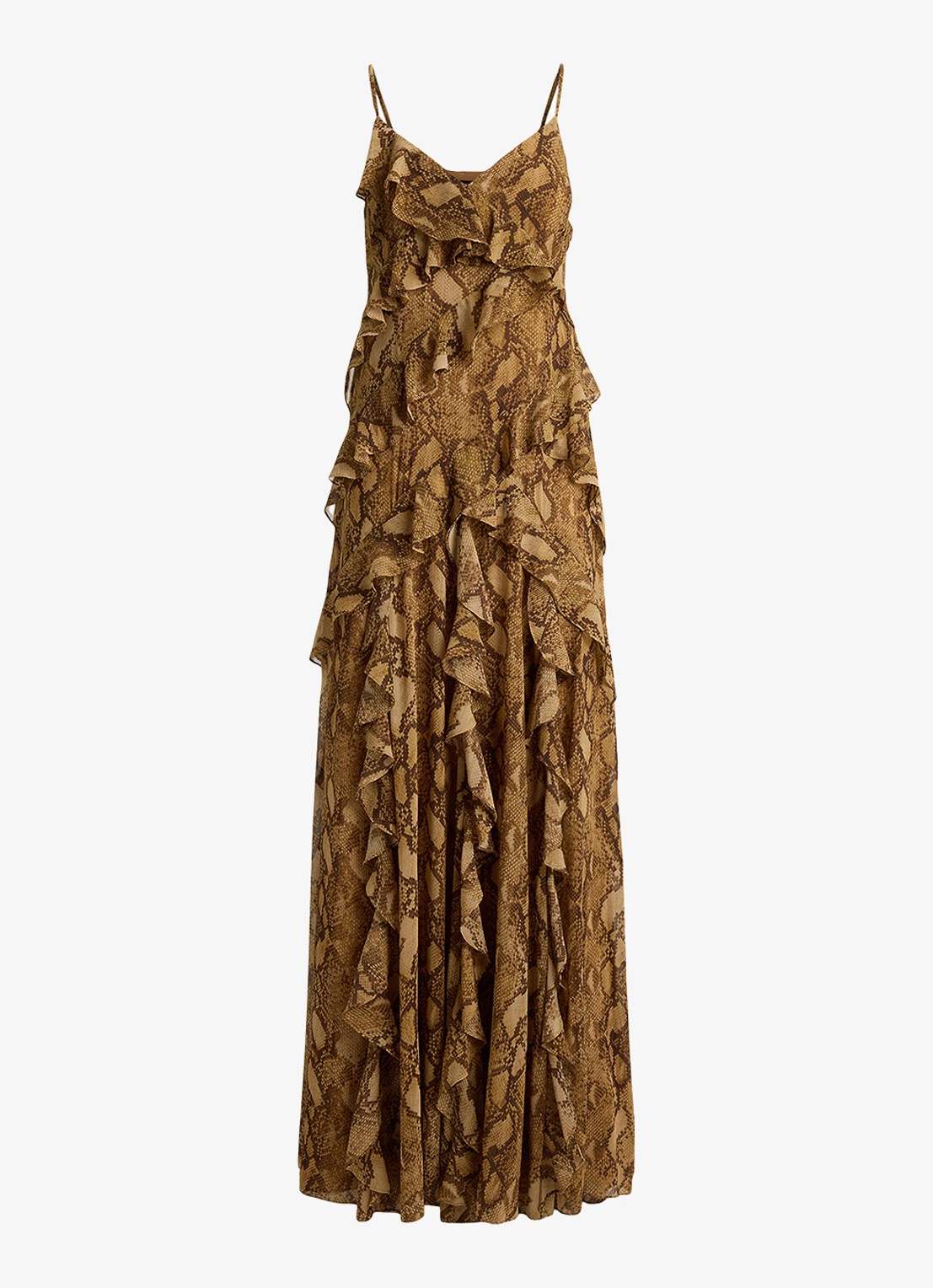Ralph Lauren Maxi jurk met slangenprint en ruches - voorkant tan multi / beige