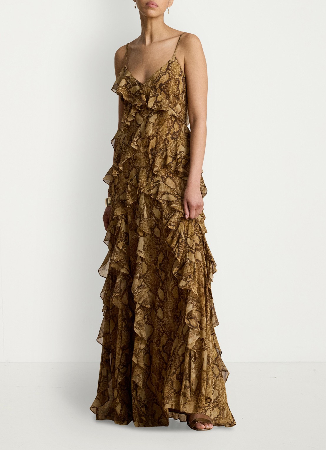 Ralph Lauren Maxi jurk met slangenprint en ruches - voorkant 2 tan multi / beige