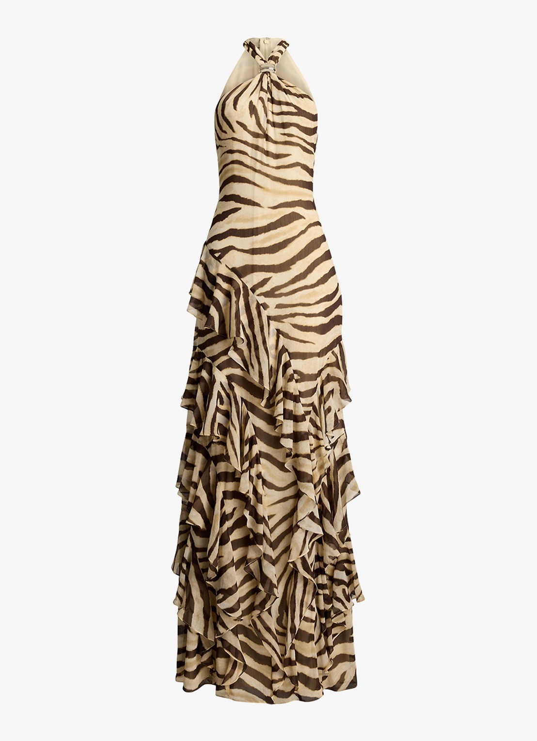 Ralph Lauren Maxi jurk met zebraprint en ruches - voorkant 2 bruin