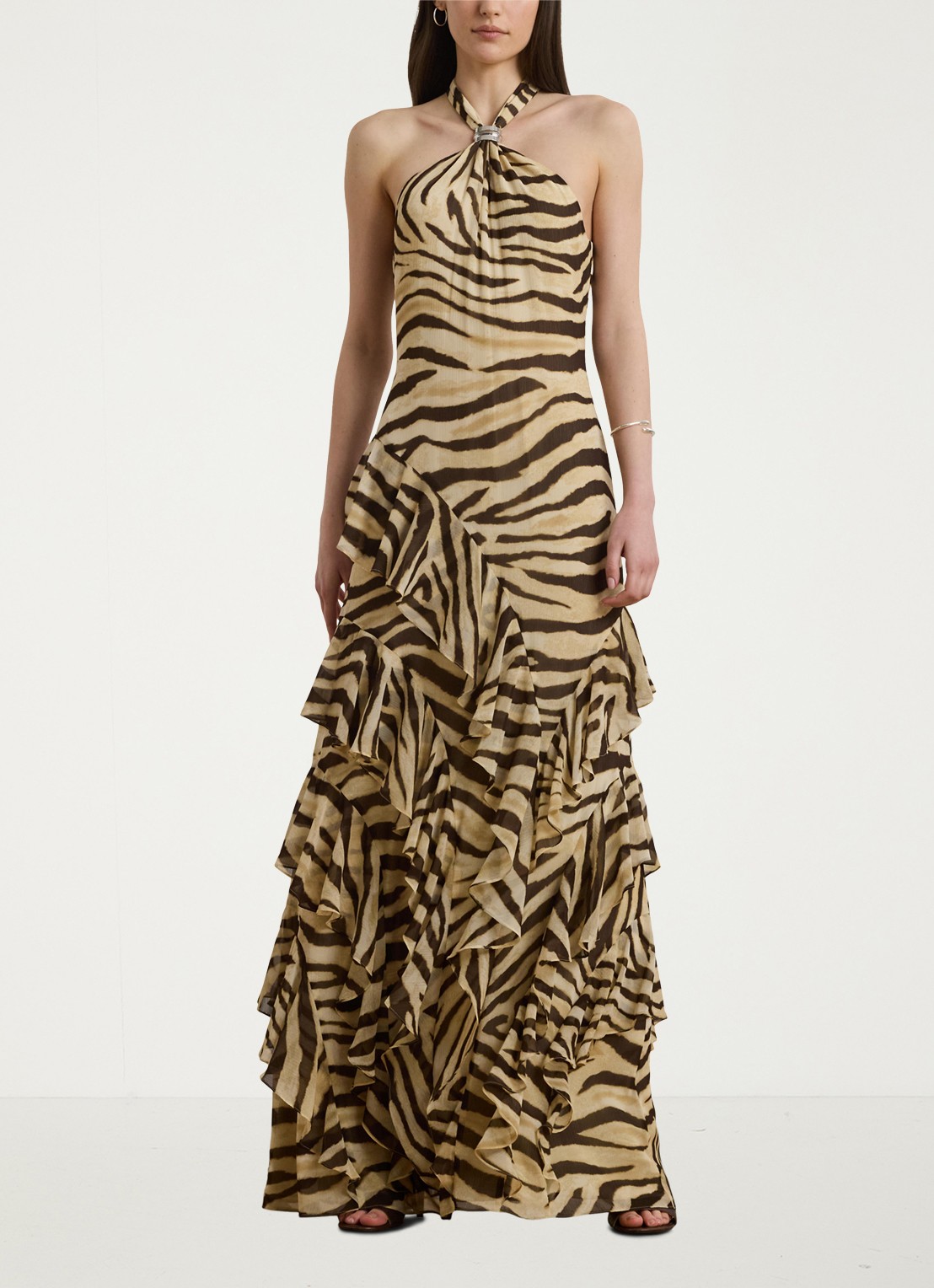 Ralph Lauren Maxi jurk met zebraprint en ruches - voorkant 3 bruin