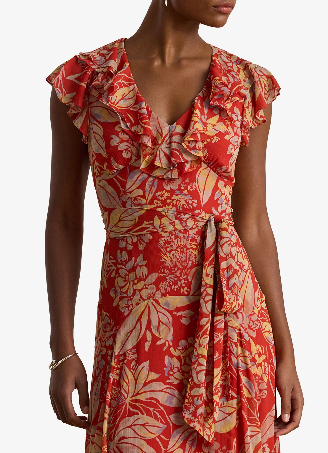Ralph Lauren Maxi jurk wikkeljurk met bladprint en ruches - detail rood