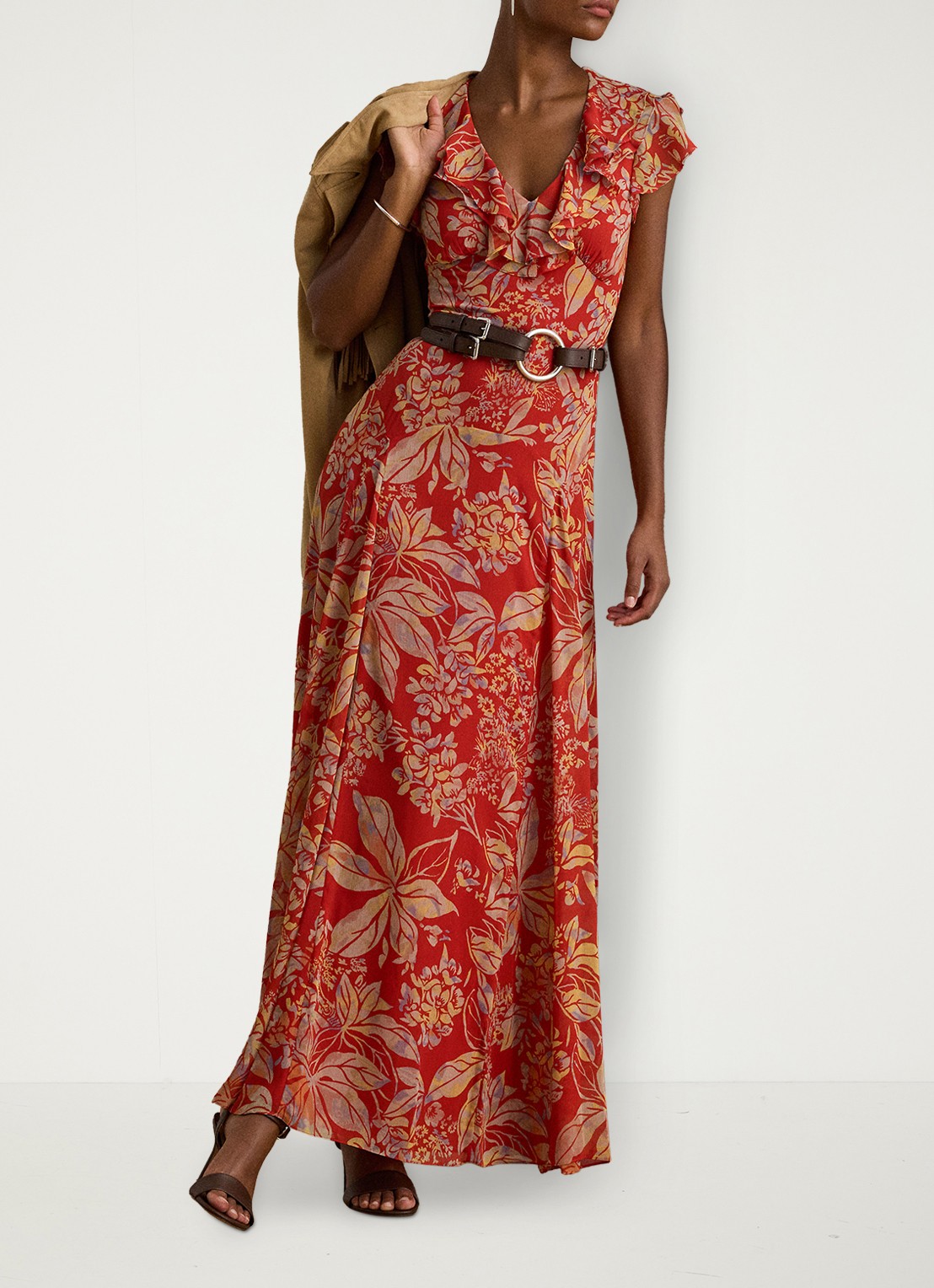 Ralph Lauren Maxi jurk wikkeljurk met bladprint en ruches - detail 3 rood