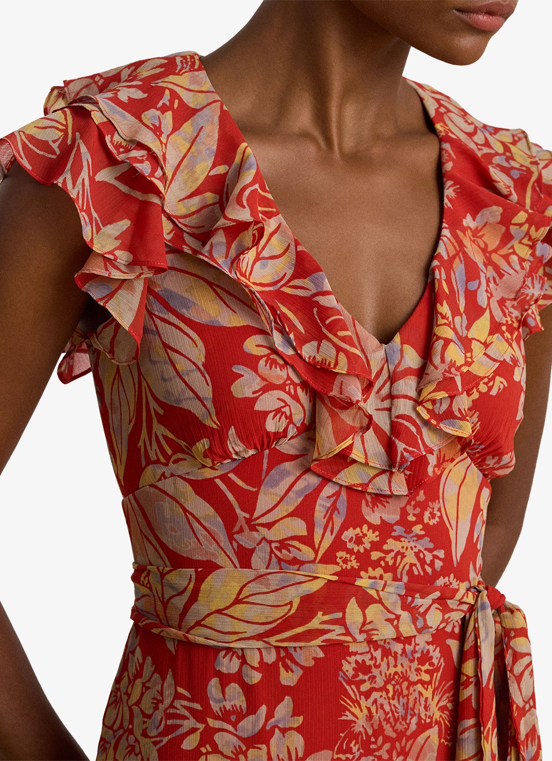 Ralph Lauren Maxi jurk wikkeljurk met bladprint en ruches - detail 5 rood