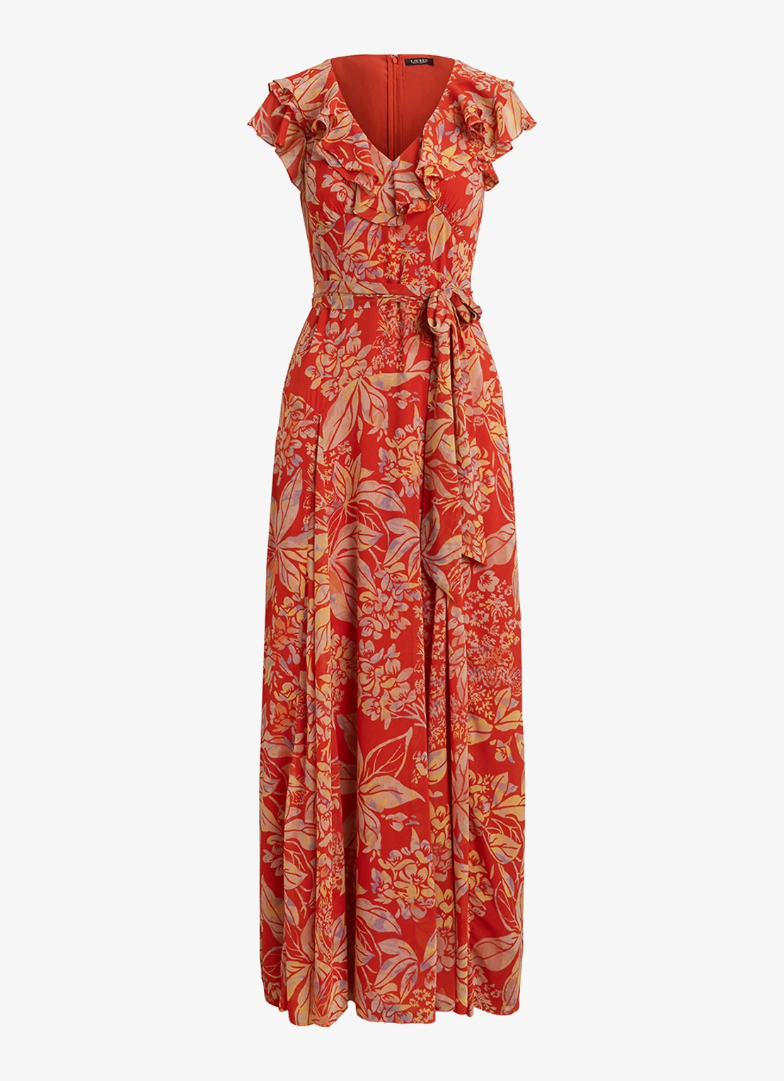 Ralph Lauren Maxi jurk wikkeljurk met bladprint en ruches - voorkant 6 rood