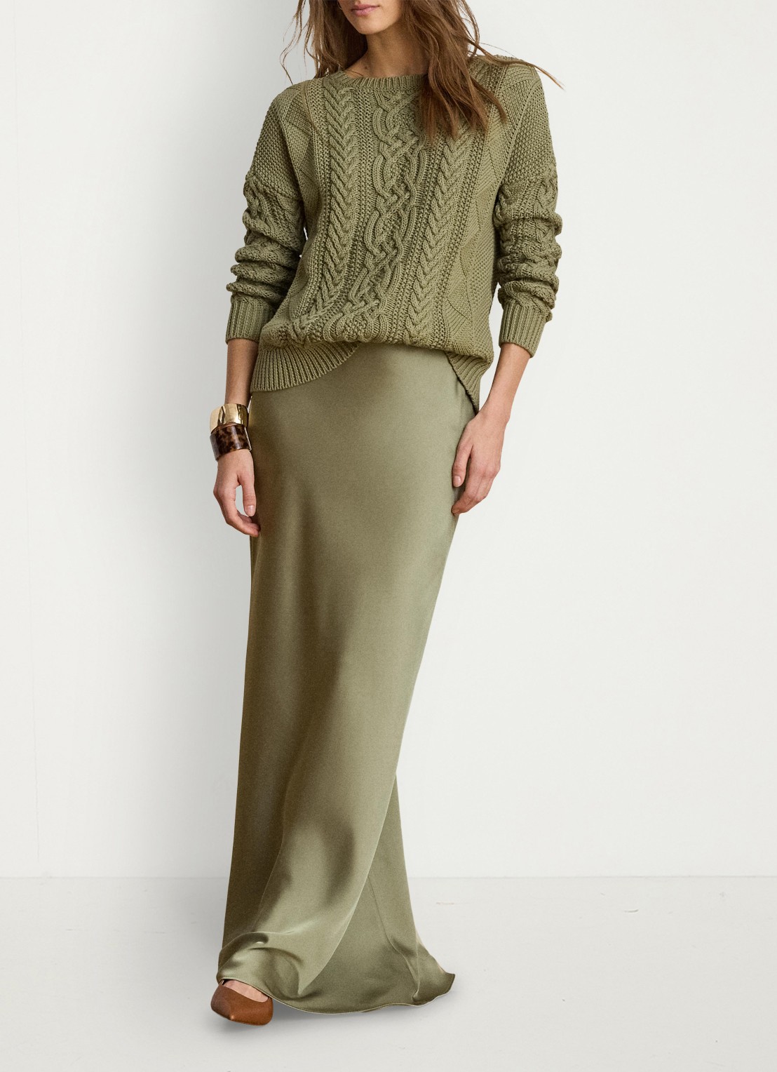 Ralph Lauren Maxi rok van satijn - voorkant 3 light agave / groen