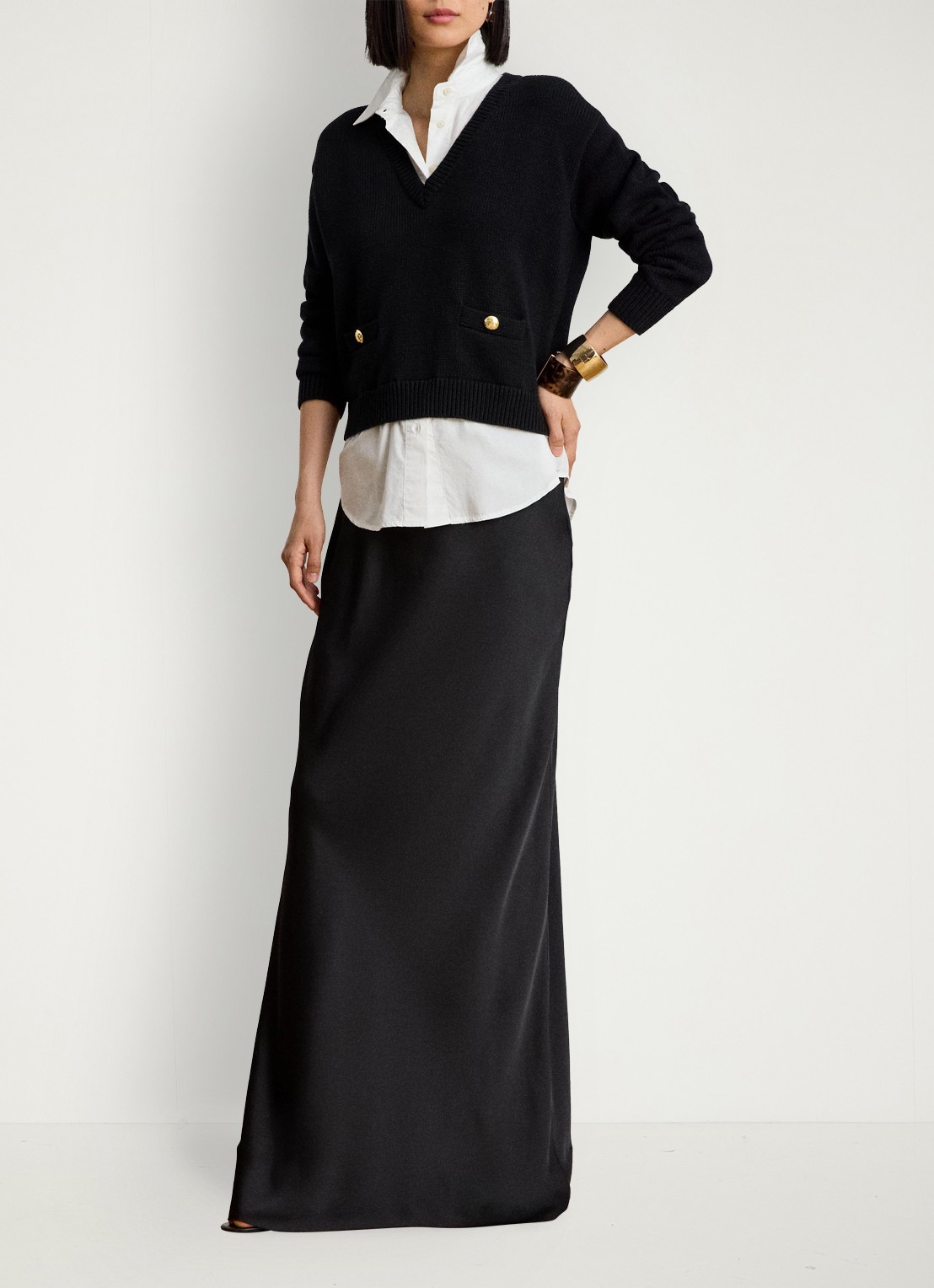 Ralph Lauren Maxi rok van satijn - voorkant 3 zwart