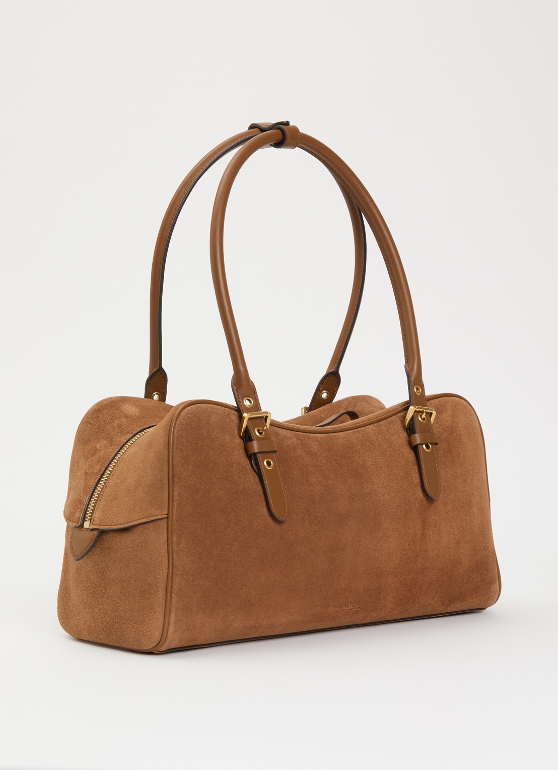 Ralph Lauren Mercy schoudertas van suède met leren details  - achterkant 4 cognac