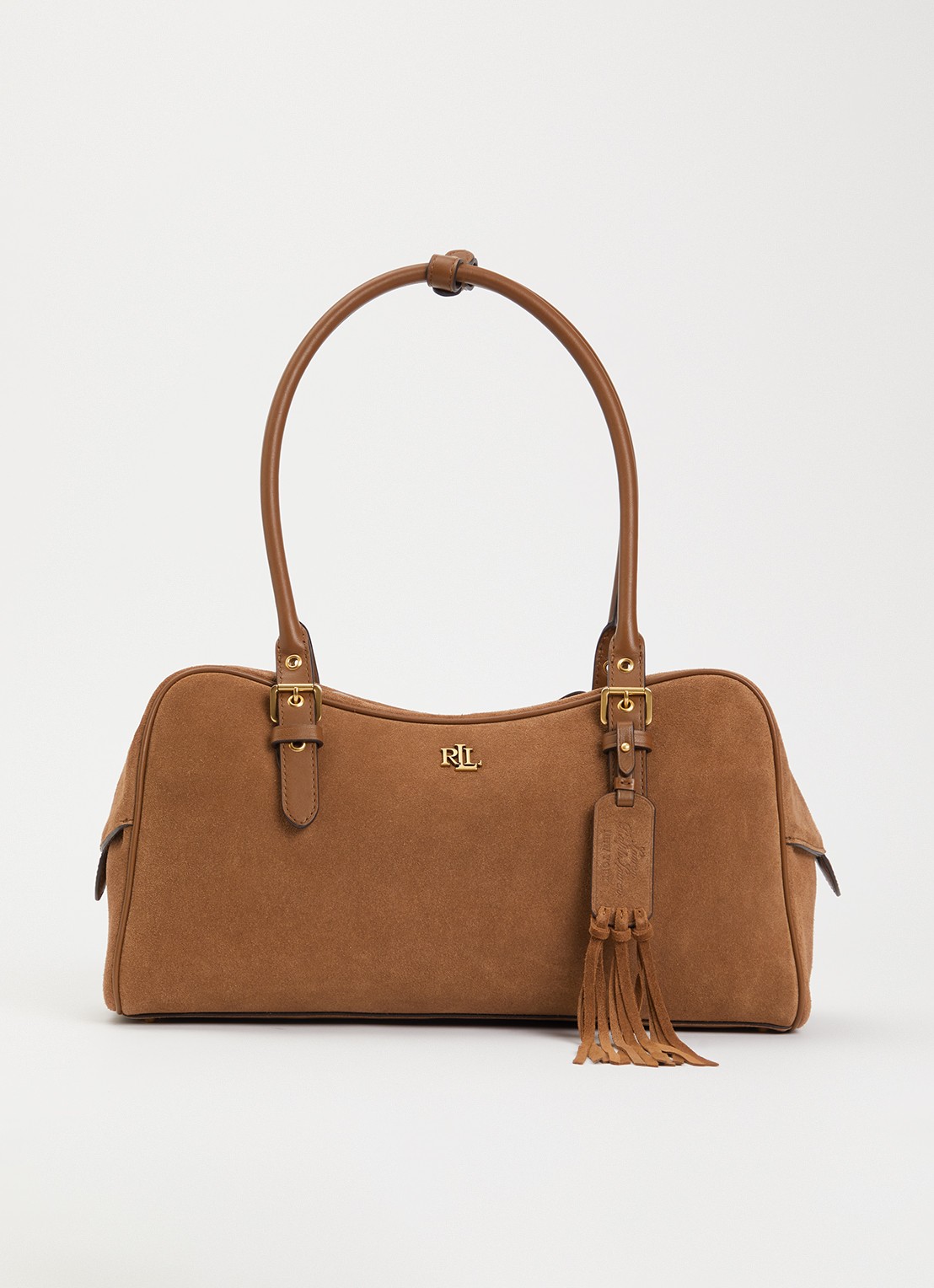 Ralph Lauren Mercy schoudertas van suède met leren details  - voorkant 5 cognac