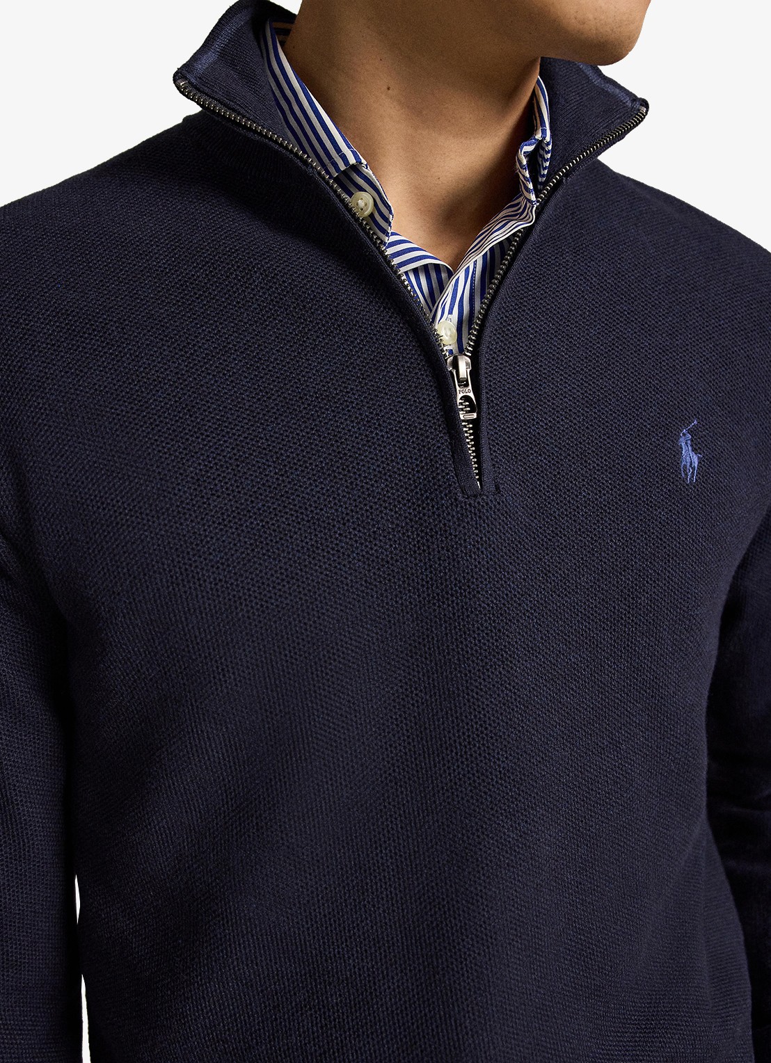 Ralph Lauren Mesh-gebreide katoenen trui met rits - detail 2 navy heather / blauw