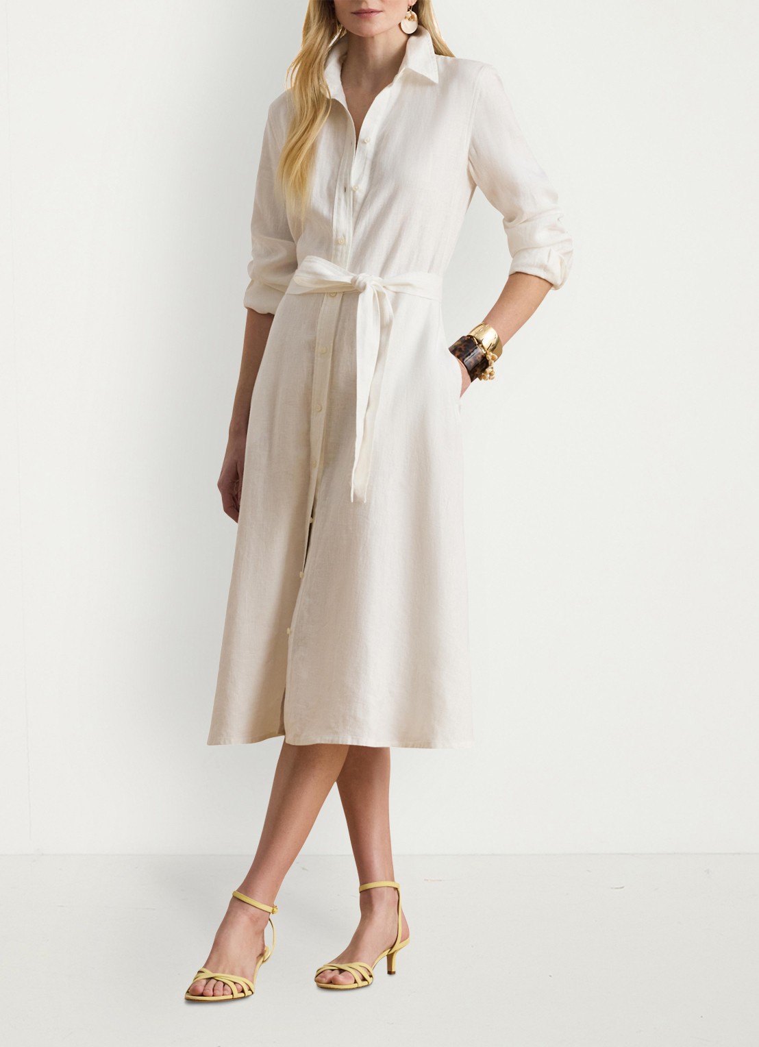 Ralph Lauren Midi blouse jurk met strikceintuur - voorkant 3 wit