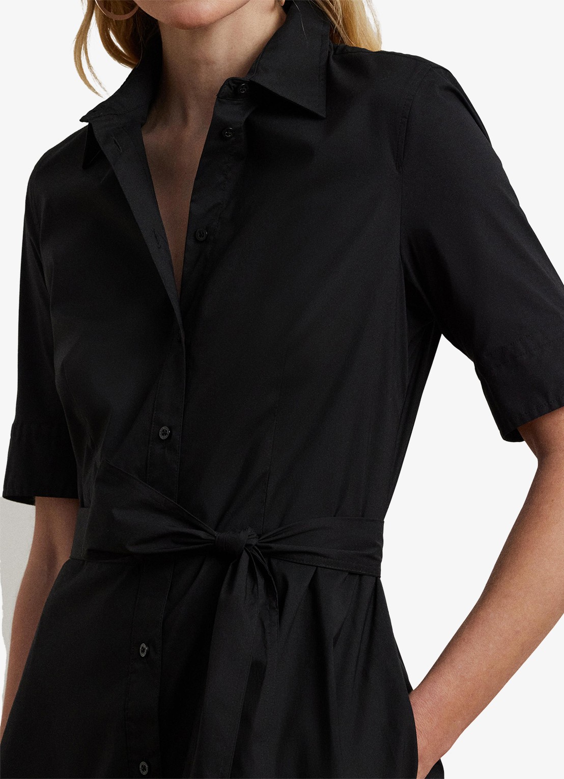 Ralph Lauren Midi blousejurk in katoenblend met strikceintuur - detail 3 polo black / zwart