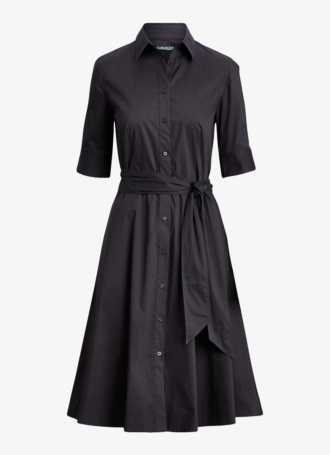 Ralph Lauren Midi blousejurk in katoenblend met strikceintuur - voorkant 4 polo black / zwart