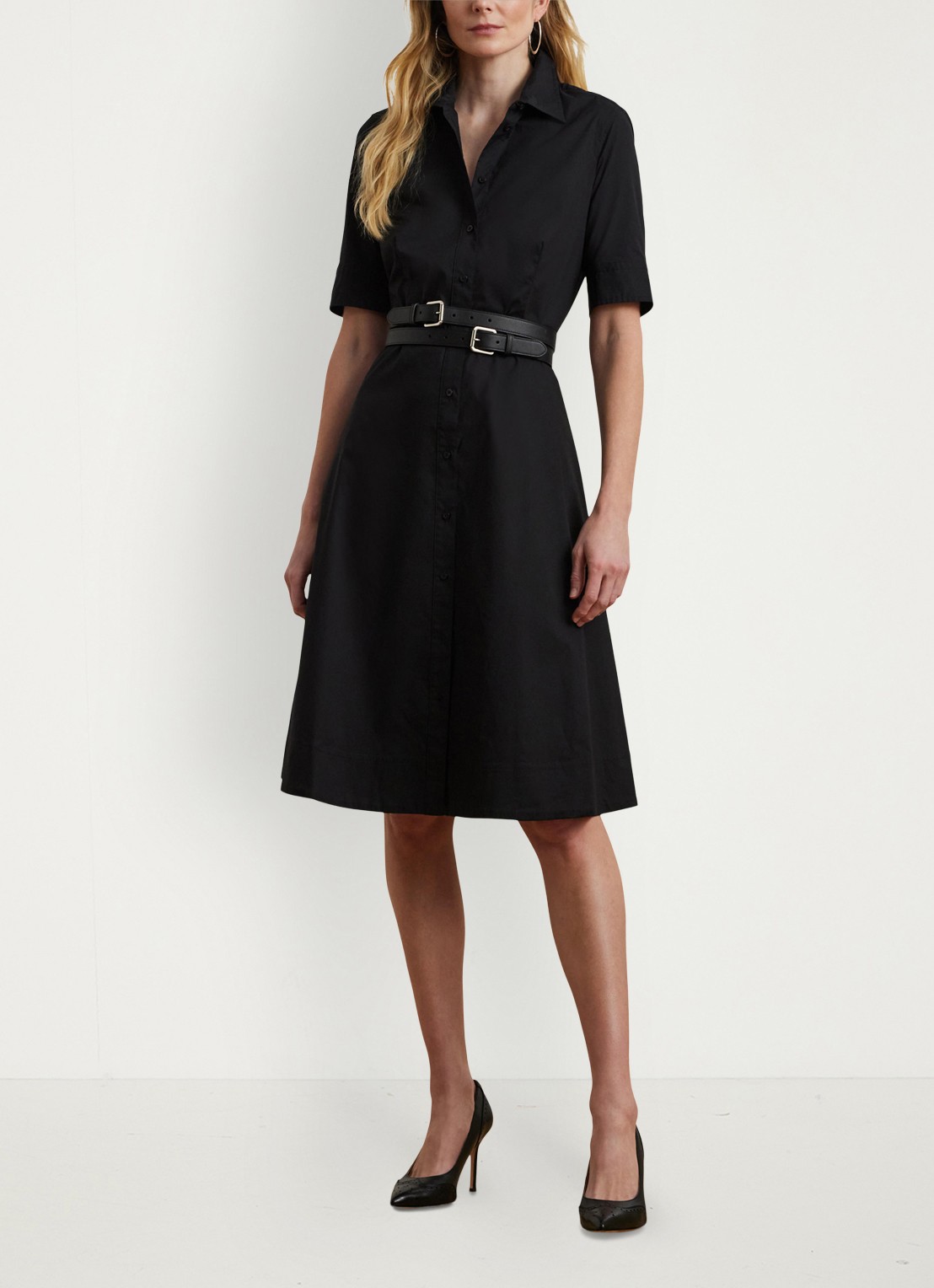 Ralph Lauren Midi blousejurk in katoenblend met strikceintuur - voorkant 5 polo black / zwart