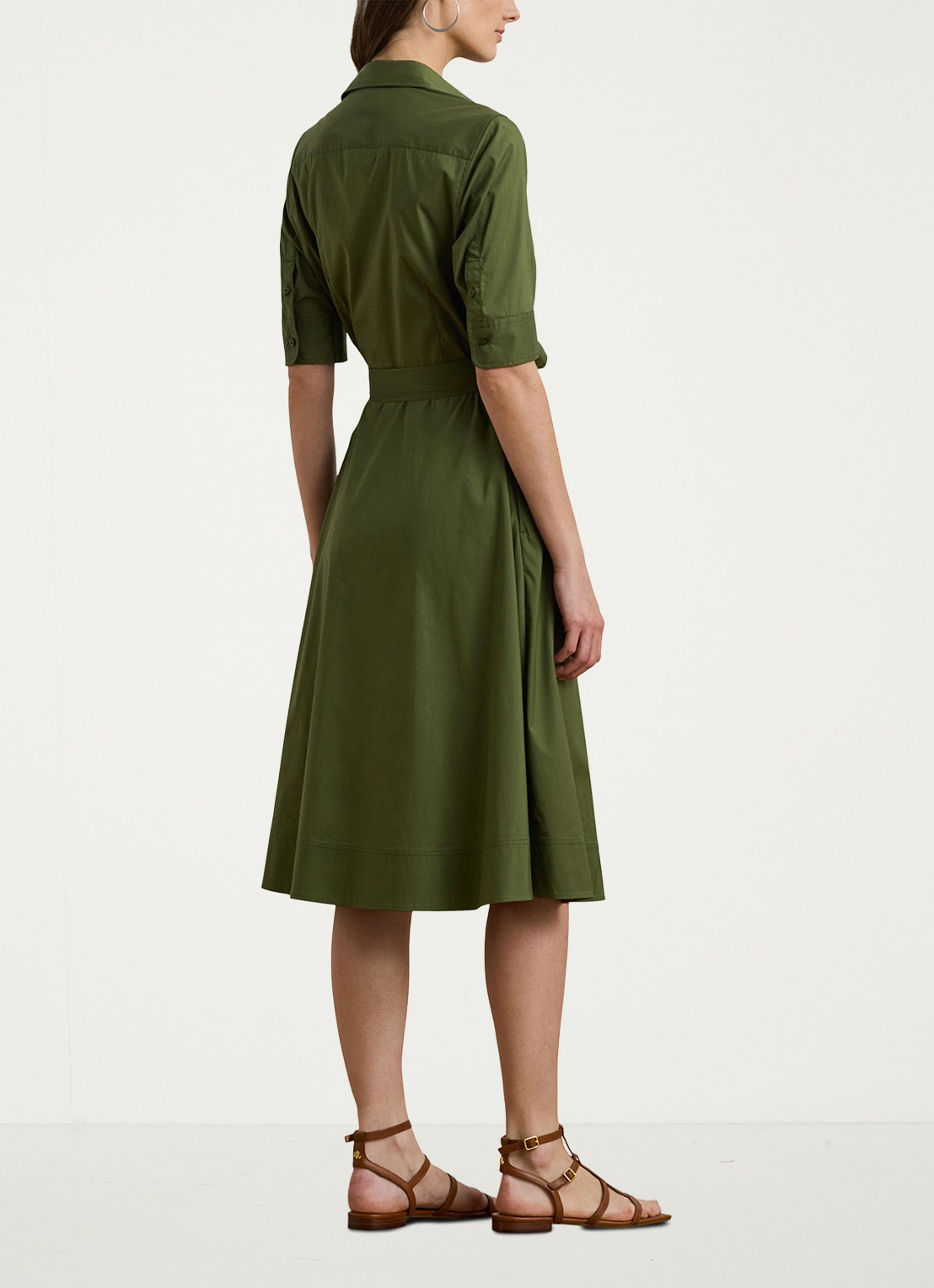Ralph Lauren Midi blousejurk in katoenblend met strikceintuur - achterkant 3 olive grove / groen