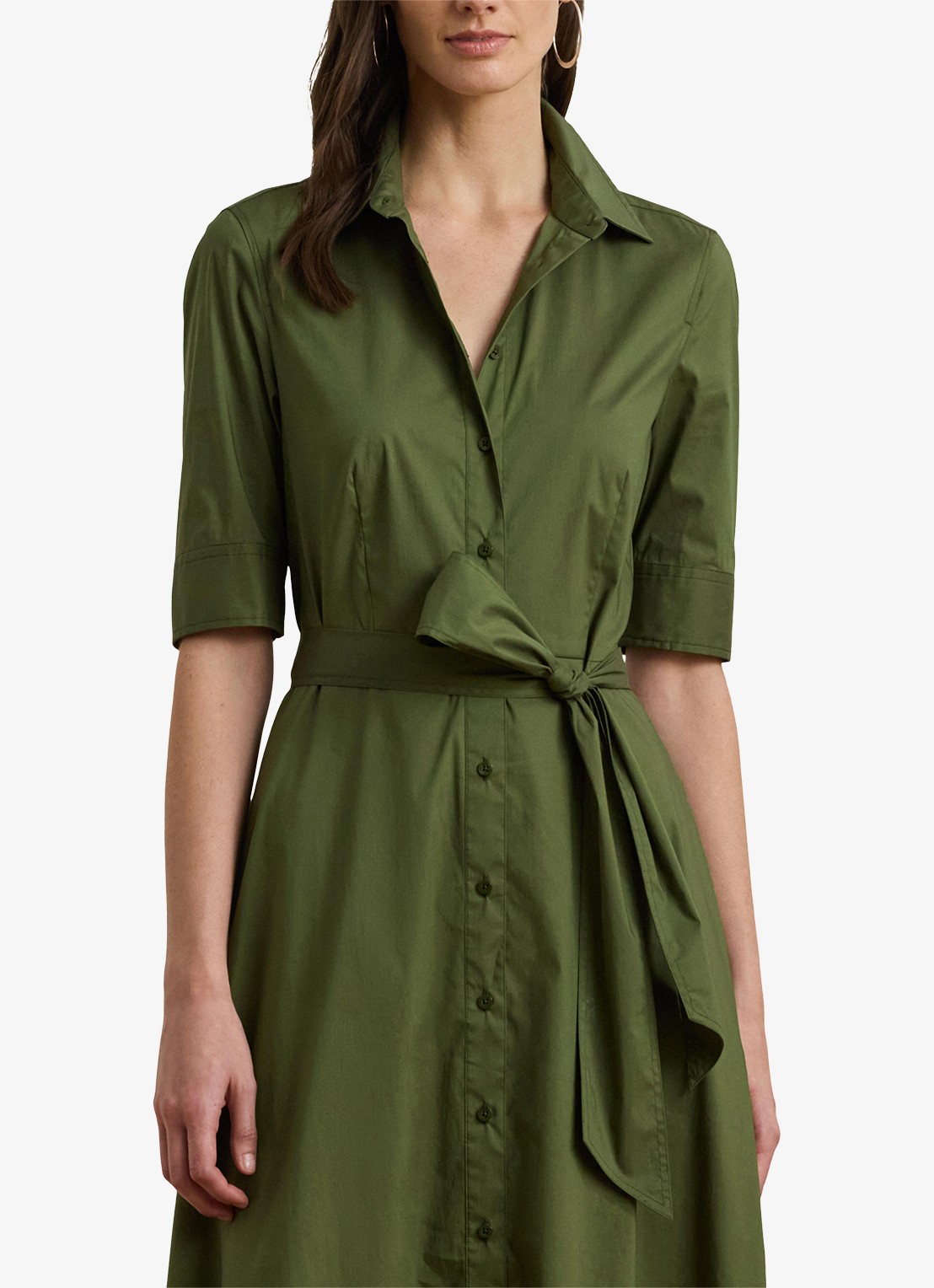 Ralph Lauren Midi blousejurk in katoenblend met strikceintuur - detail olive grove / groen