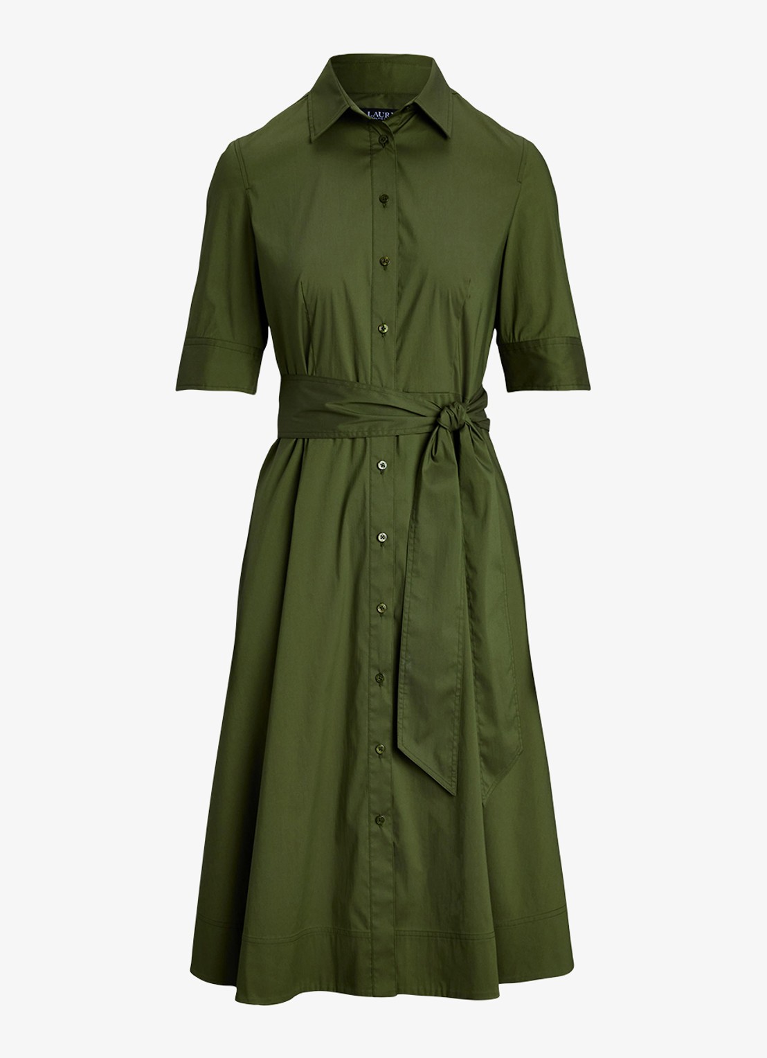 Ralph Lauren Midi blousejurk in katoenblend met strikceintuur - voorkant 4 olive grove / groen