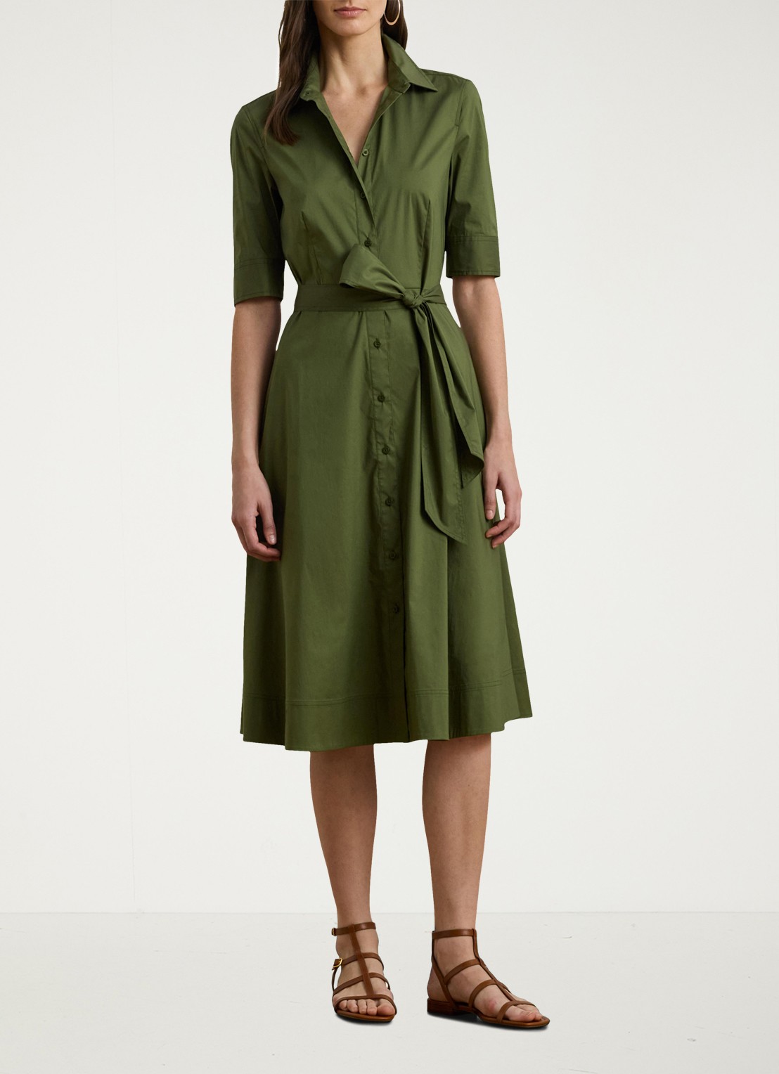 Ralph Lauren Midi blousejurk in katoenblend met strikceintuur - voorkant 5 olive grove / groen