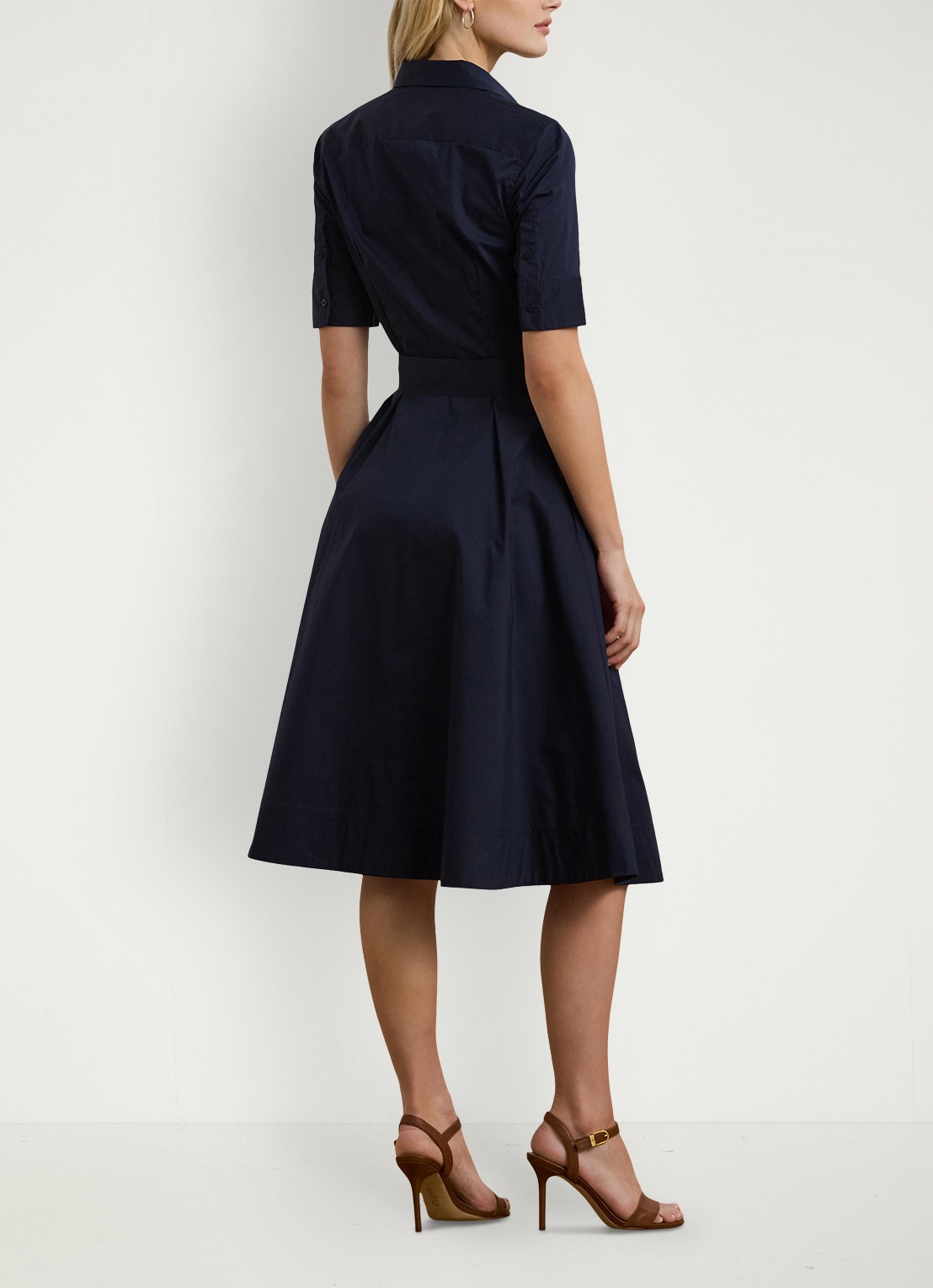 Ralph Lauren Midi blousejurk in katoenblend met strikceintuur - achterkant donkerblauw