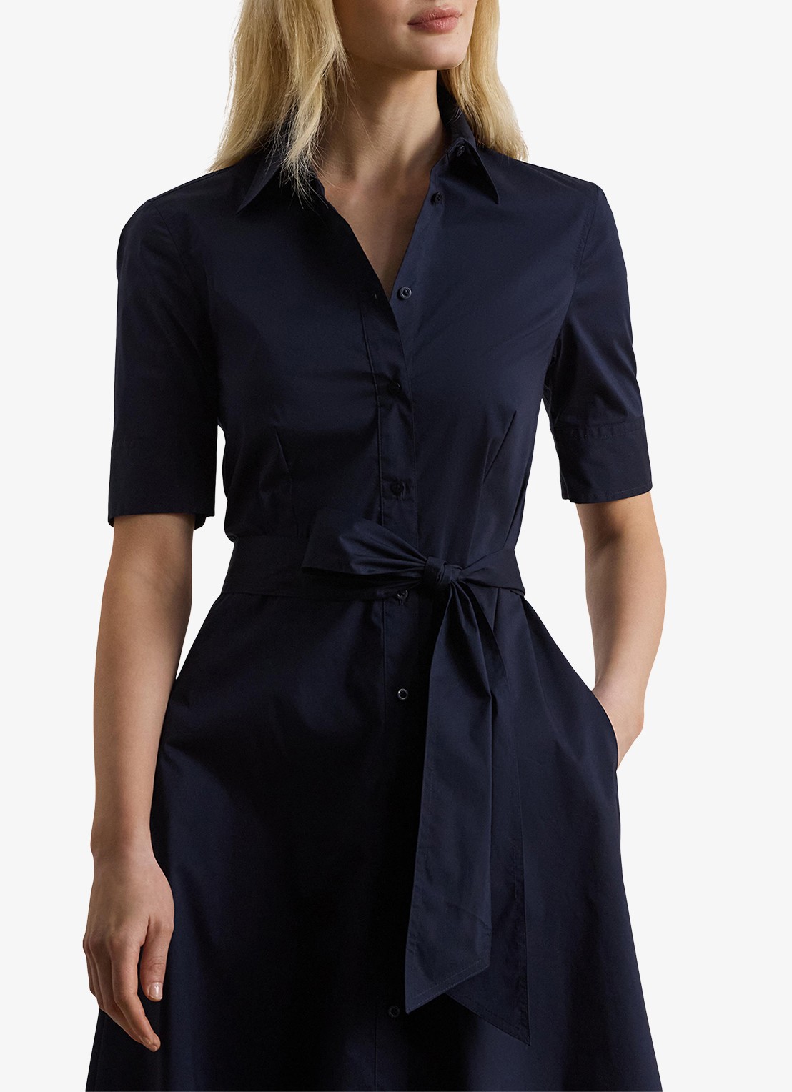 Ralph Lauren Midi blousejurk in katoenblend met strikceintuur - detail 4 donkerblauw