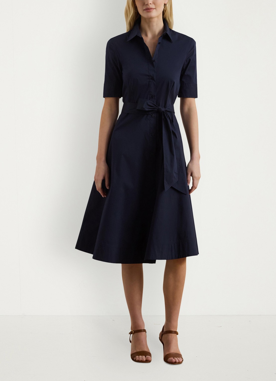 Ralph Lauren Midi blousejurk in katoenblend met strikceintuur - voorkant 2 donkerblauw