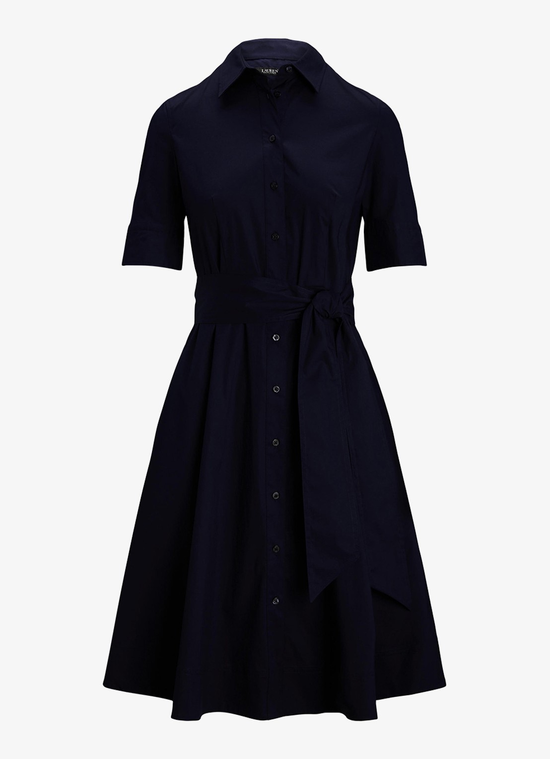 Ralph Lauren Midi blousejurk in katoenblend met strikceintuur - voorkant 3 donkerblauw