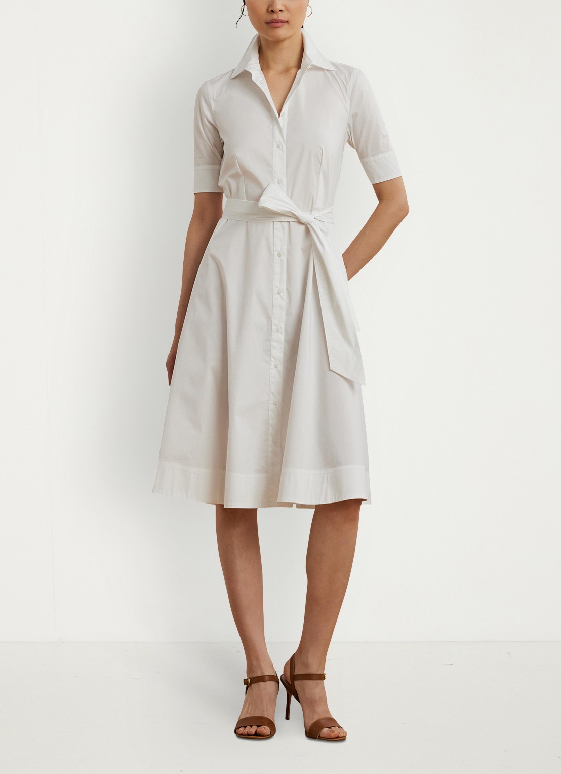Ralph Lauren Midi blousejurk in katoenblend met strikceintuur - detail 2 white / wit