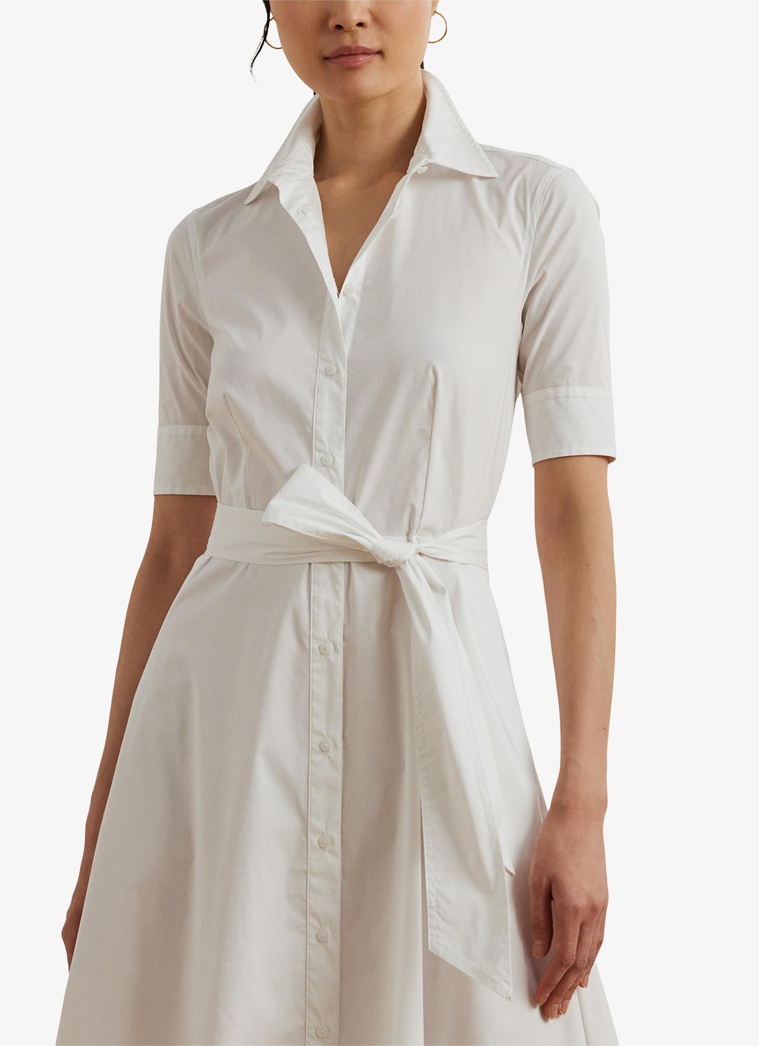 Ralph Lauren Midi blousejurk in katoenblend met strikceintuur - detail 3 white / wit