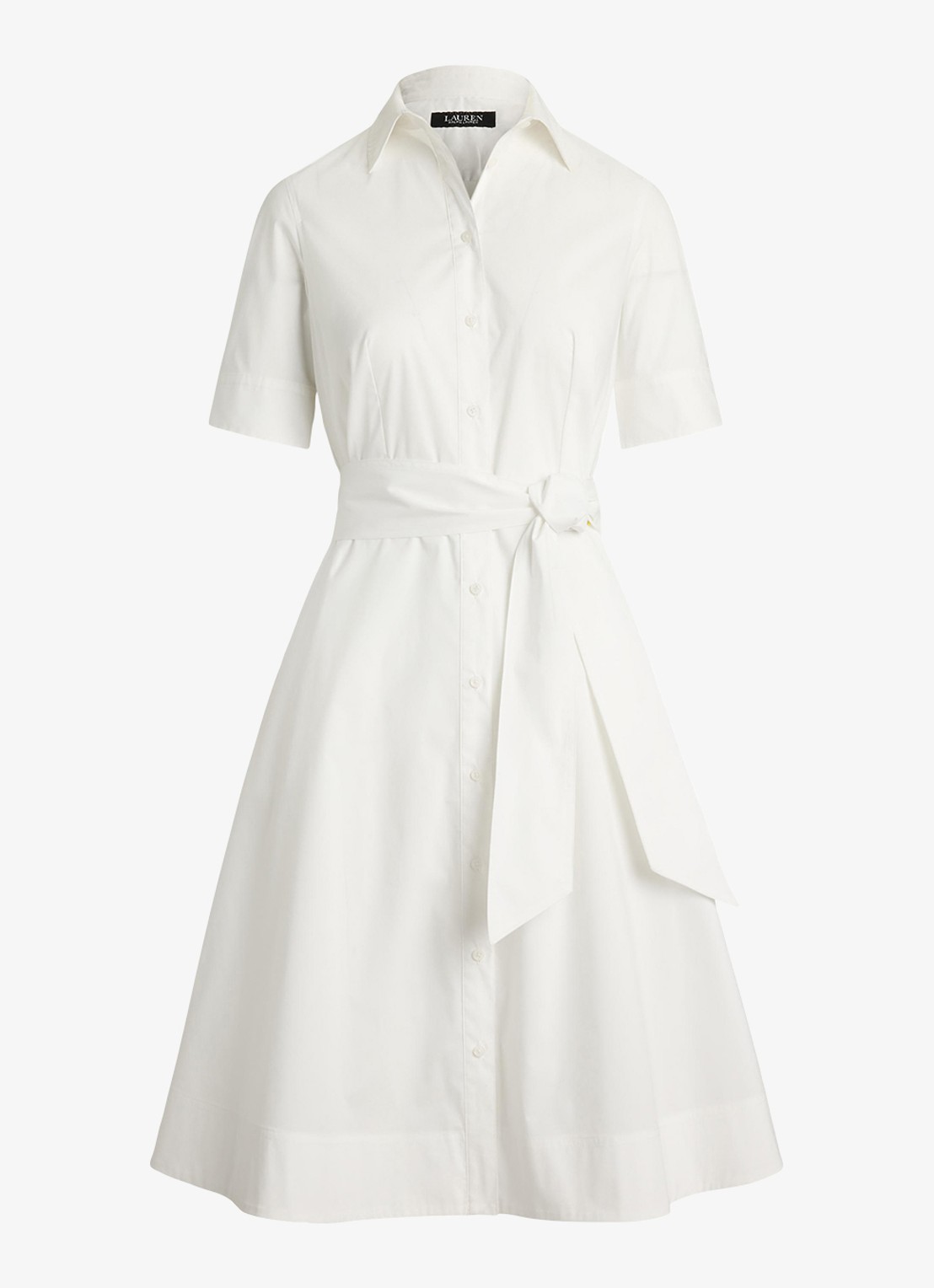 Ralph Lauren Midi blousejurk in katoenblend met strikceintuur - voorkant white / wit