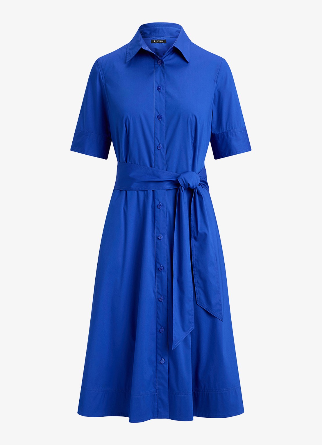 Ralph Lauren Midi blousejurk in katoenblend met strikceintuur - voorkant 4 cruise royal / blauw