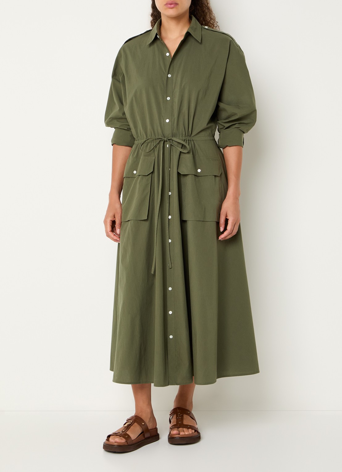Ralph Lauren Midi blousejurk met klepzakken en strikceintuur - detail 4 legergroen