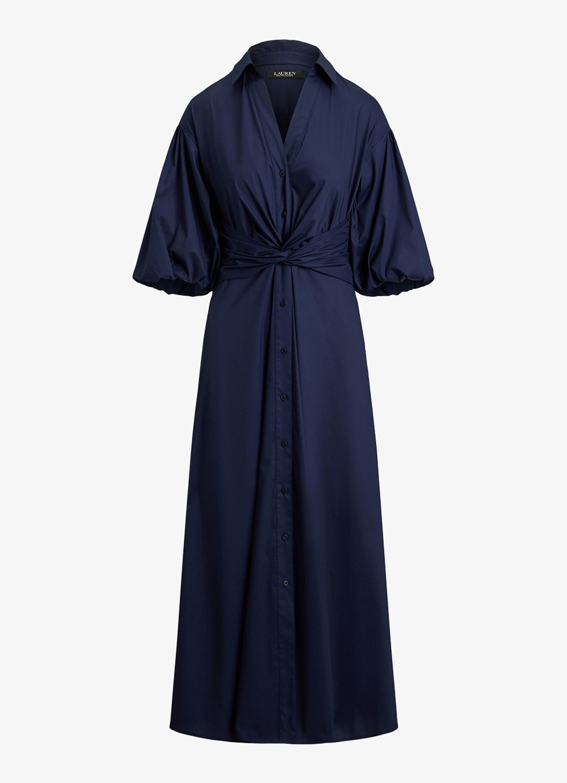 Ralph Lauren Midi blousejurk met knoopdetail en ballonmouwen - voorkant lauren navy / blauw