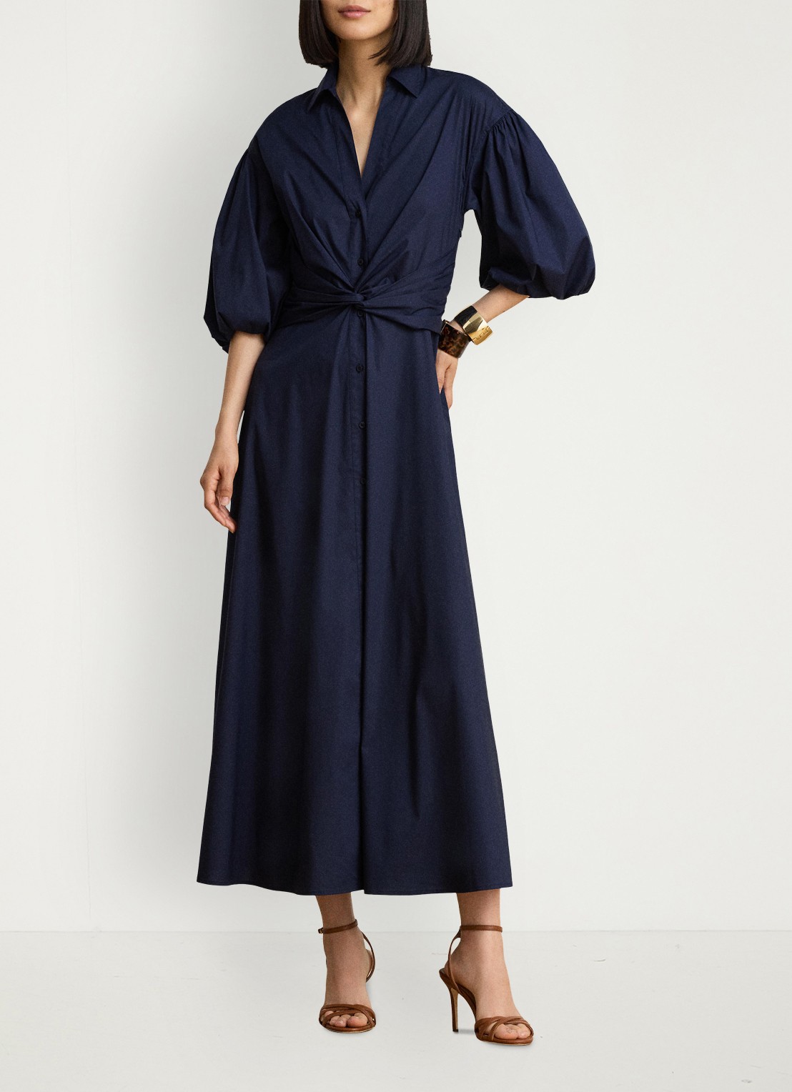 Ralph Lauren Midi blousejurk met knoopdetail en ballonmouwen - voorkant 2 lauren navy / blauw