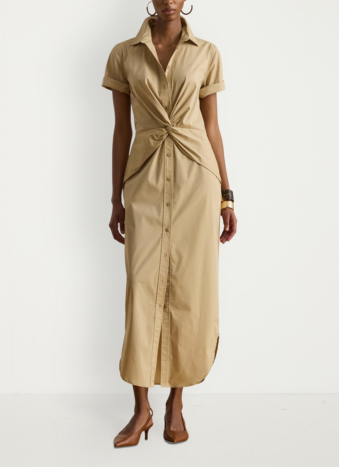 Ralph Lauren Midi blousejurk met plooidetail - voorkant 5 birch tan / beige