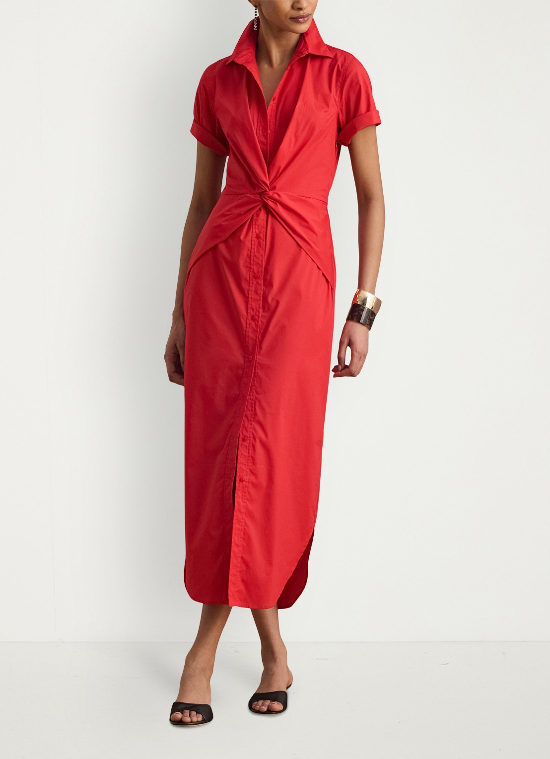 Ralph Lauren Midi blousejurk met plooidetail - voorkant 4 cruise red 2wr6 / rood