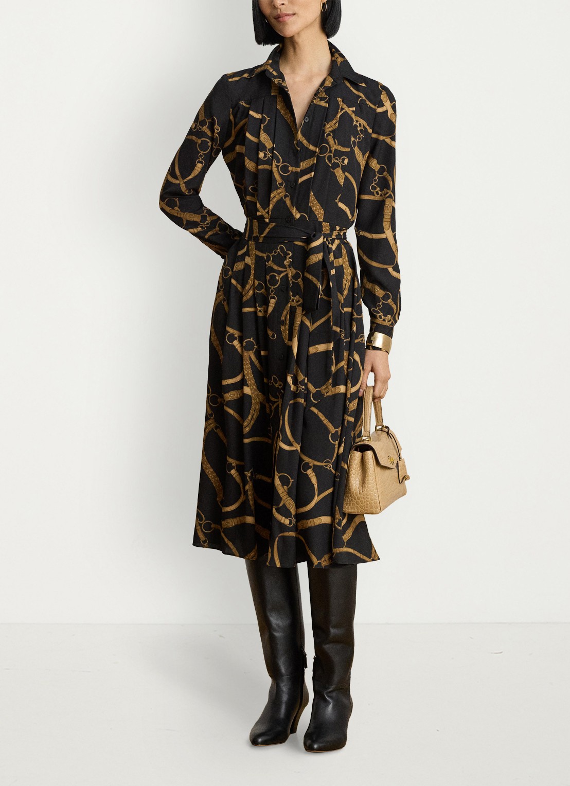 Ralph Lauren Midi blousejurk met print en strikceintuur - voorkant 2 birch tan / zwart
